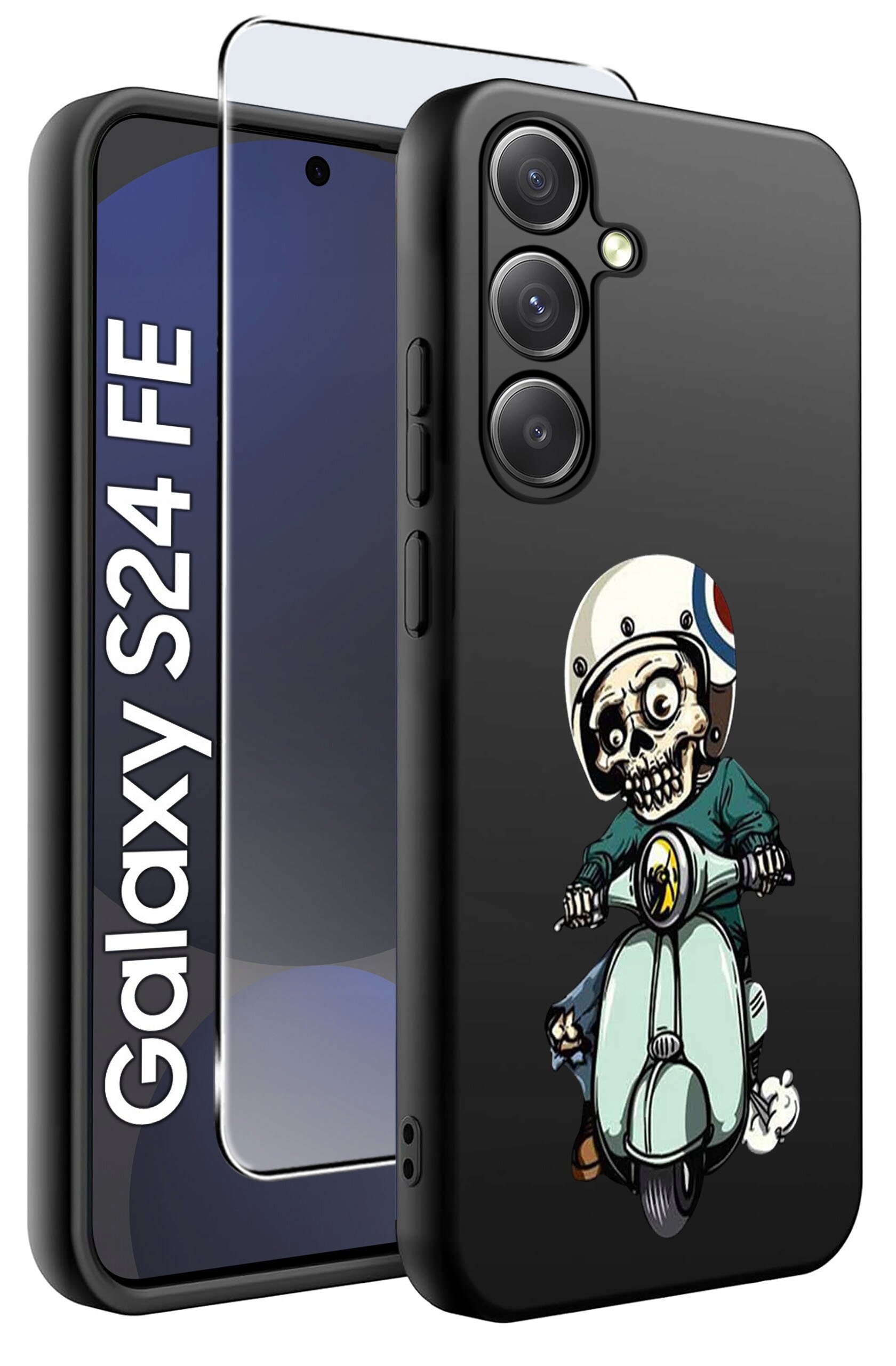 Czarne etui na telefon z nadrukiem czaszki na skuterze, obok widoczne szkło ochronne. Na ekranie telefonu napis \'Galaxy S24 FE\'.