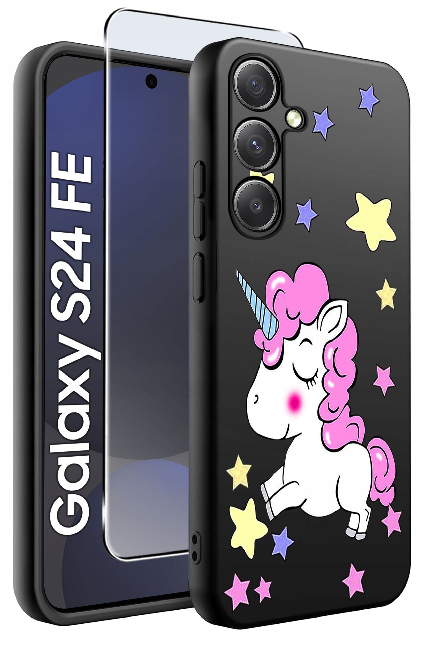 Etui na telefon z motywem jednorożca i kolorowych gwiazdek, obok widoczna szybka ochronna. Na ekranie telefonu napis \'Galaxy S24 FE\'.