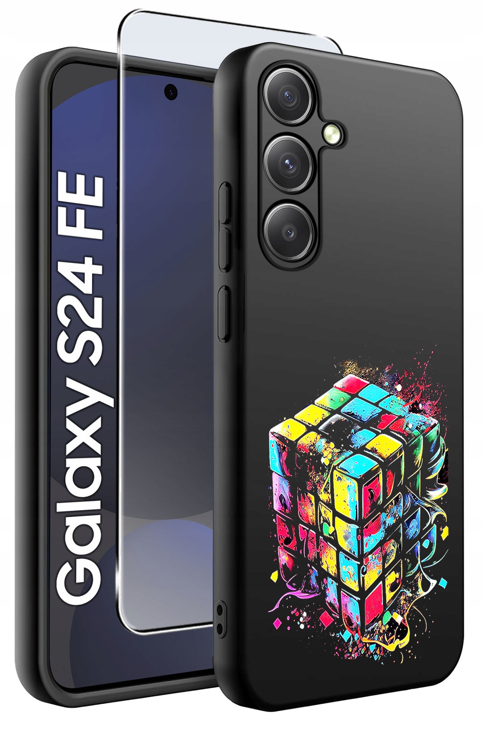 Obraz przedstawia silikonowe etui na telefon z kolorowym wzorem kostki Rubika oraz szkło ochronne. Na ekranie telefonu widoczny jest napis \'Galaxy S24 FE\'.