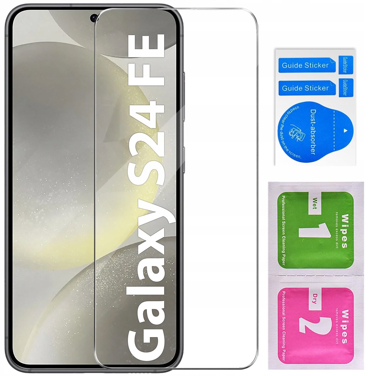 Na obrazie widoczny jest telefon z nałożonym szkłem ochronnym, na którym napisano \'Galaxy S24 FE\'. Obok znajdują się naklejki \'Guide Sticker\', \'Dust-absorber\' oraz chusteczki \'Wet 1\' i \'Dry 2\'.