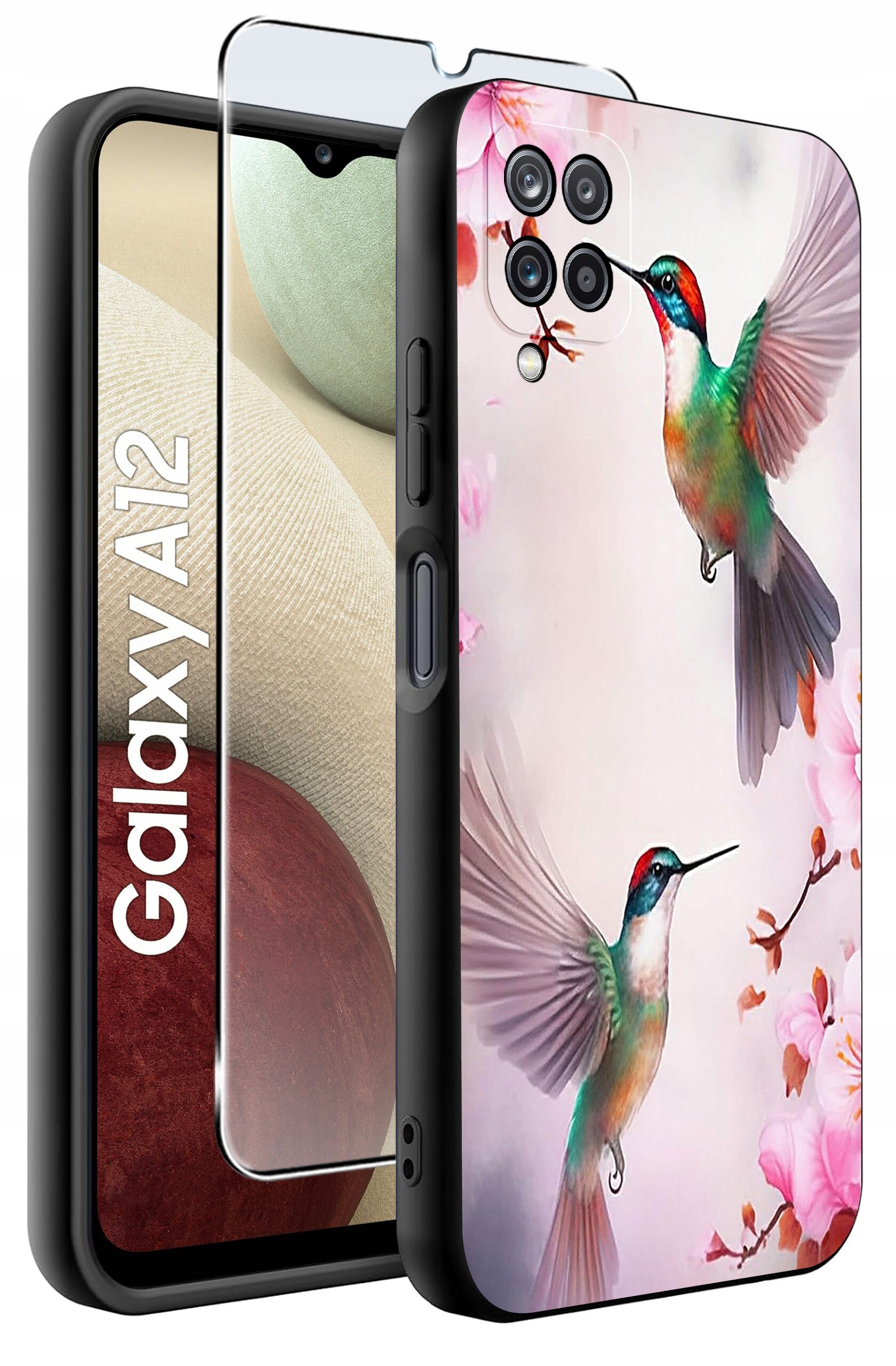 Obraz przedstawia etui na telefon z kolorowym wzorem kolibrów i kwiatów. Obok etui znajduje się szkło ochronne oraz telefon z widocznym napisem \'Galaxy A12\'.