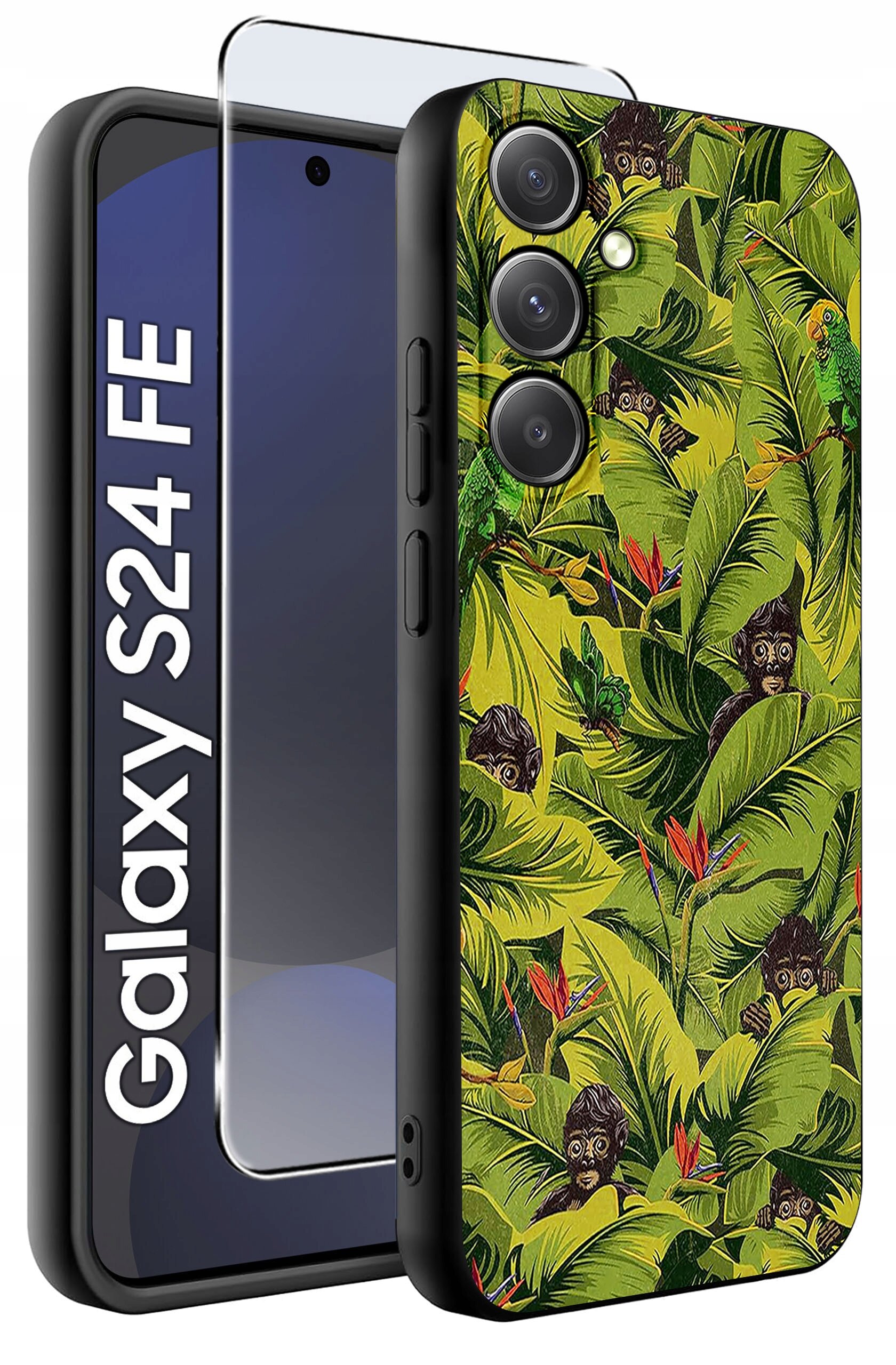 Etui do telefonu z wzorem tropikalnych liści i małp, obok szkło ochronne. Widoczny napis: \'Galaxy S24 FE\'.