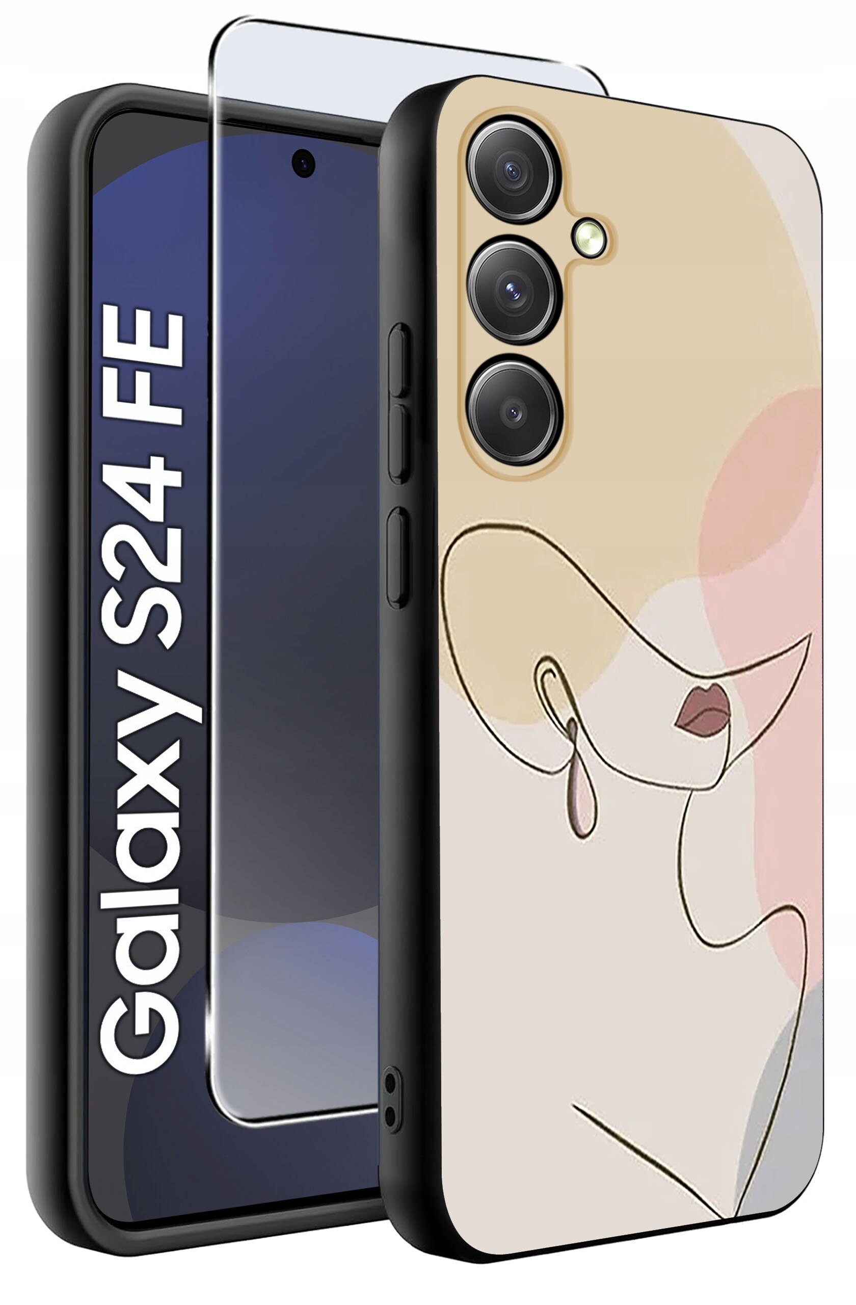 Etui do telefonu z abstrakcyjnym wzorem twarzy w pastelowych kolorach, obok szkło ochronne. Na ekranie telefonu widoczny napis \'Galaxy S24 FE\'.