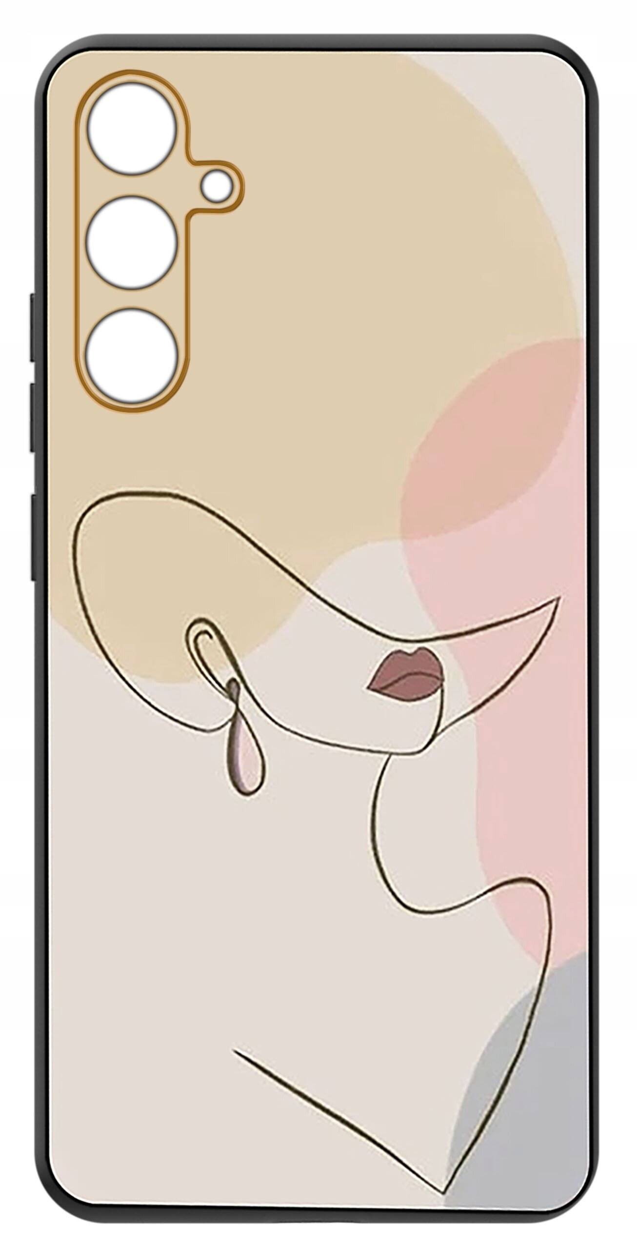Etui na telefon z abstrakcyjnym wzorem przedstawiającym twarz w minimalistycznym stylu, z kolorowymi plamami w tle.