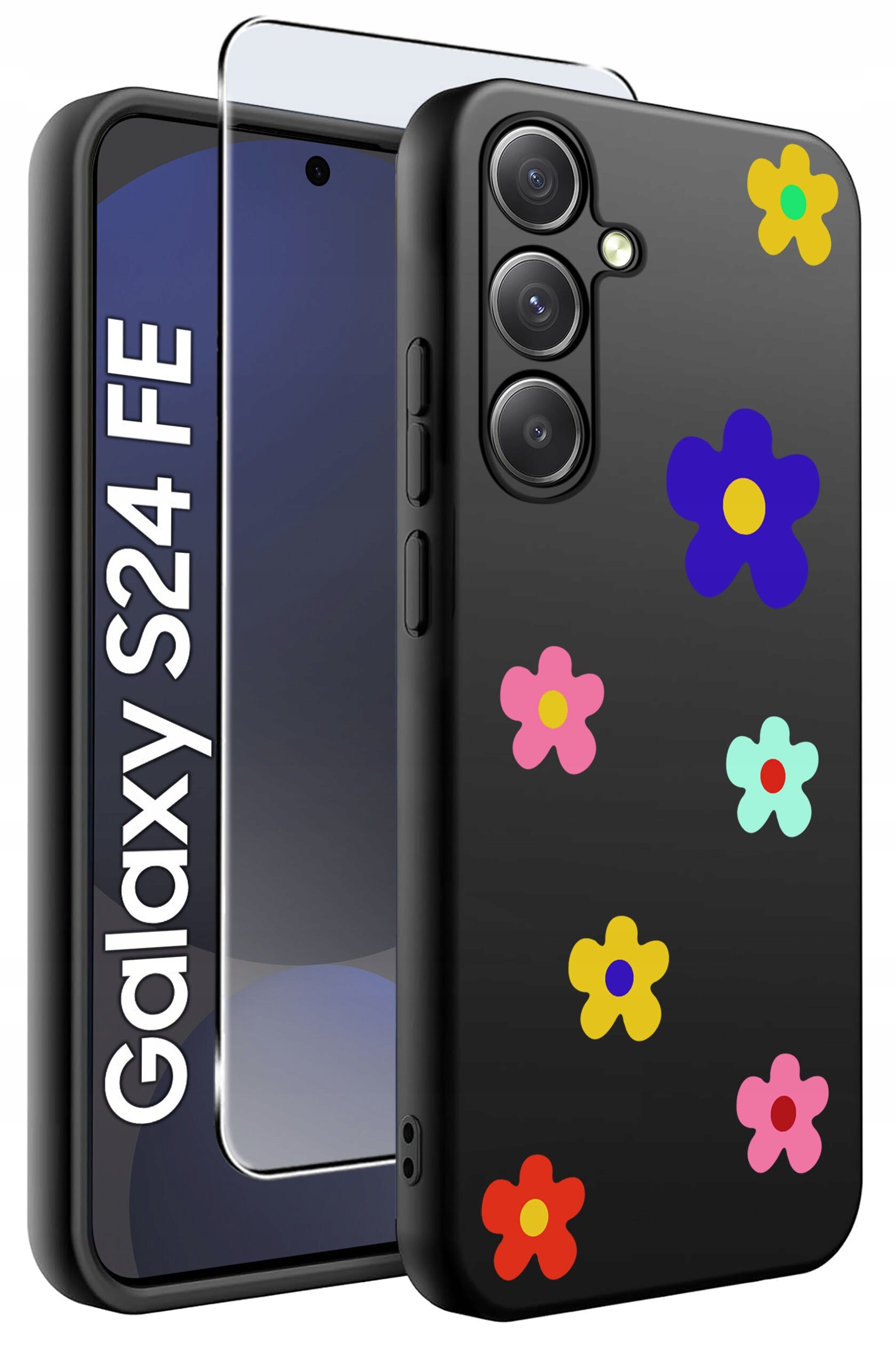 Obraz przedstawia czarne etui na telefon z kolorowymi kwiatowymi wzorami oraz szkło ochronne. Na ekranie telefonu widoczny jest napis \'Galaxy S24 FE\'.