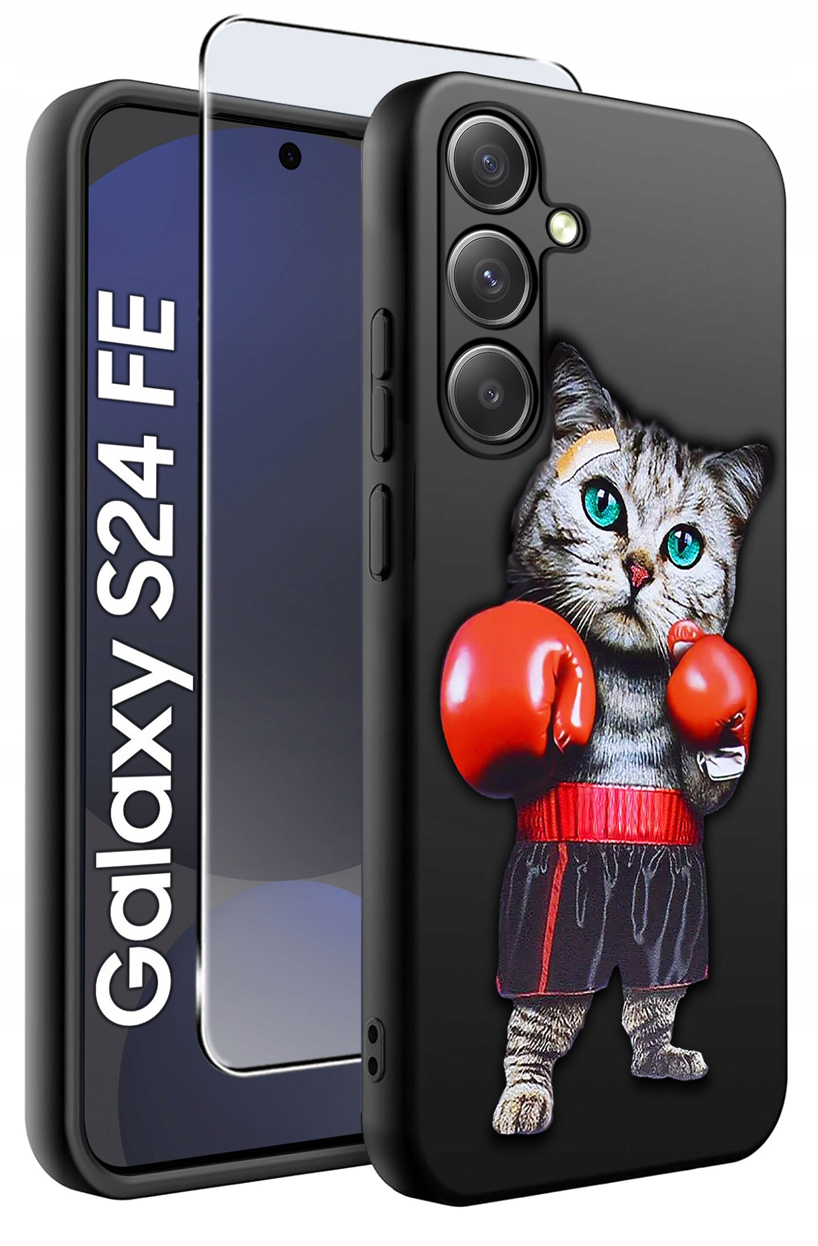Etui na telefon z nadrukiem kota w rękawicach bokserskich, obok widoczna jest szybka ochronna. Na ekranie telefonu napis \'Galaxy S24 FE\'.
