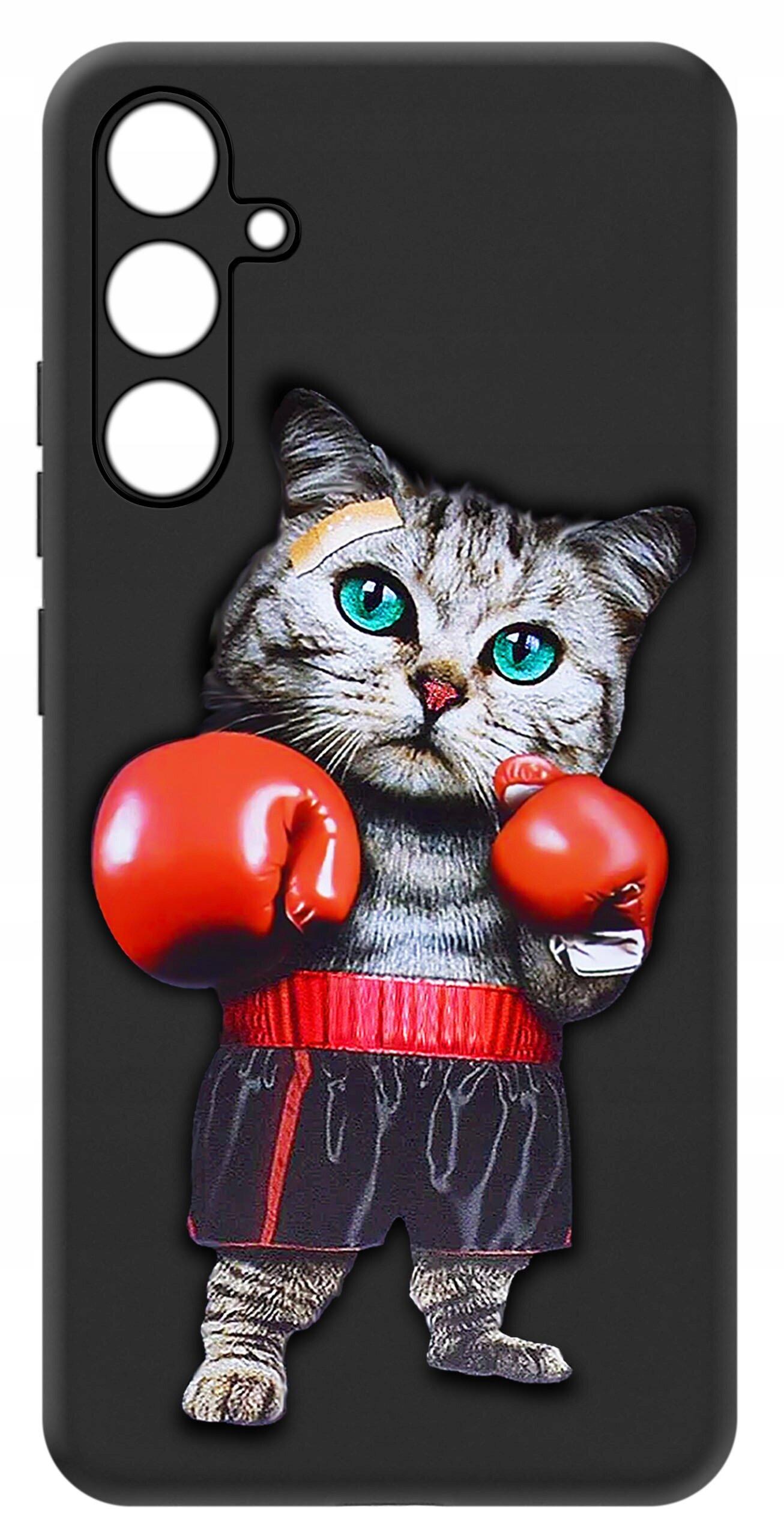 Czarne etui na telefon z nadrukiem kota w czerwonych rękawicach bokserskich i spódniczce. Etui ma wycięcia na trzy obiektywy aparatu.