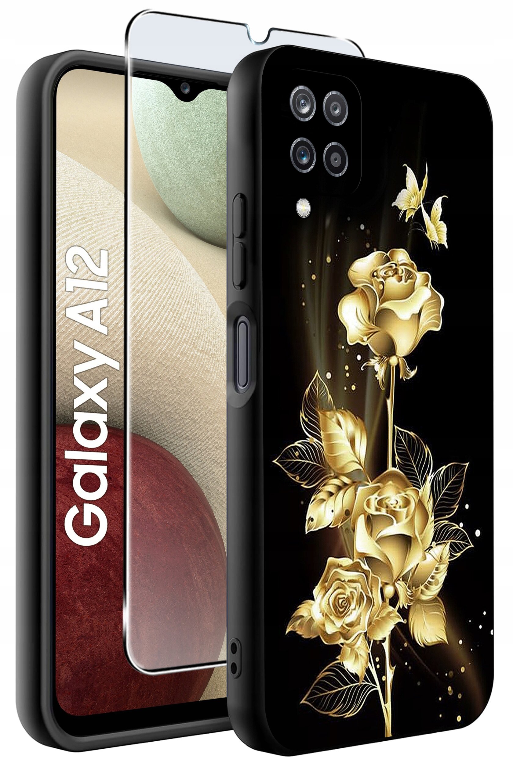 Obraz przedstawia etui na telefon z motywem złotych róż i motyli na czarnym tle. Obok etui widoczny jest telefon z napisem \'Galaxy A12\' oraz szkło ochronne.