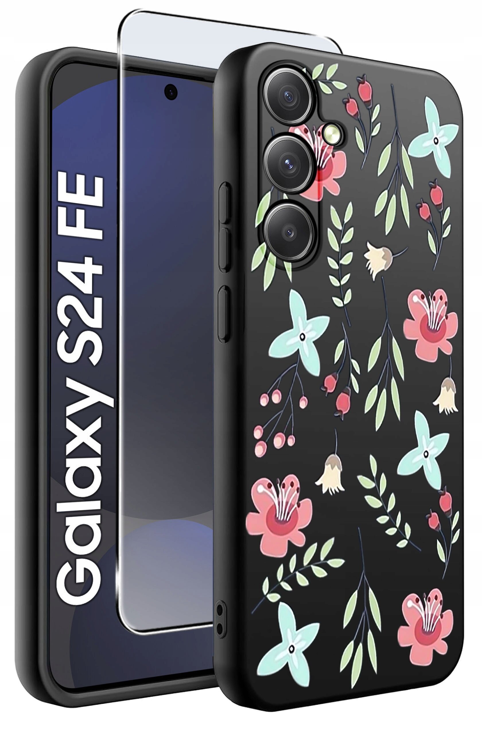 Obraz przedstawia etui na telefon z kwiatowym wzorem w pastelowych kolorach oraz szkło ochronne. Na ekranie telefonu widoczny jest napis \'Galaxy S24 FE\'.