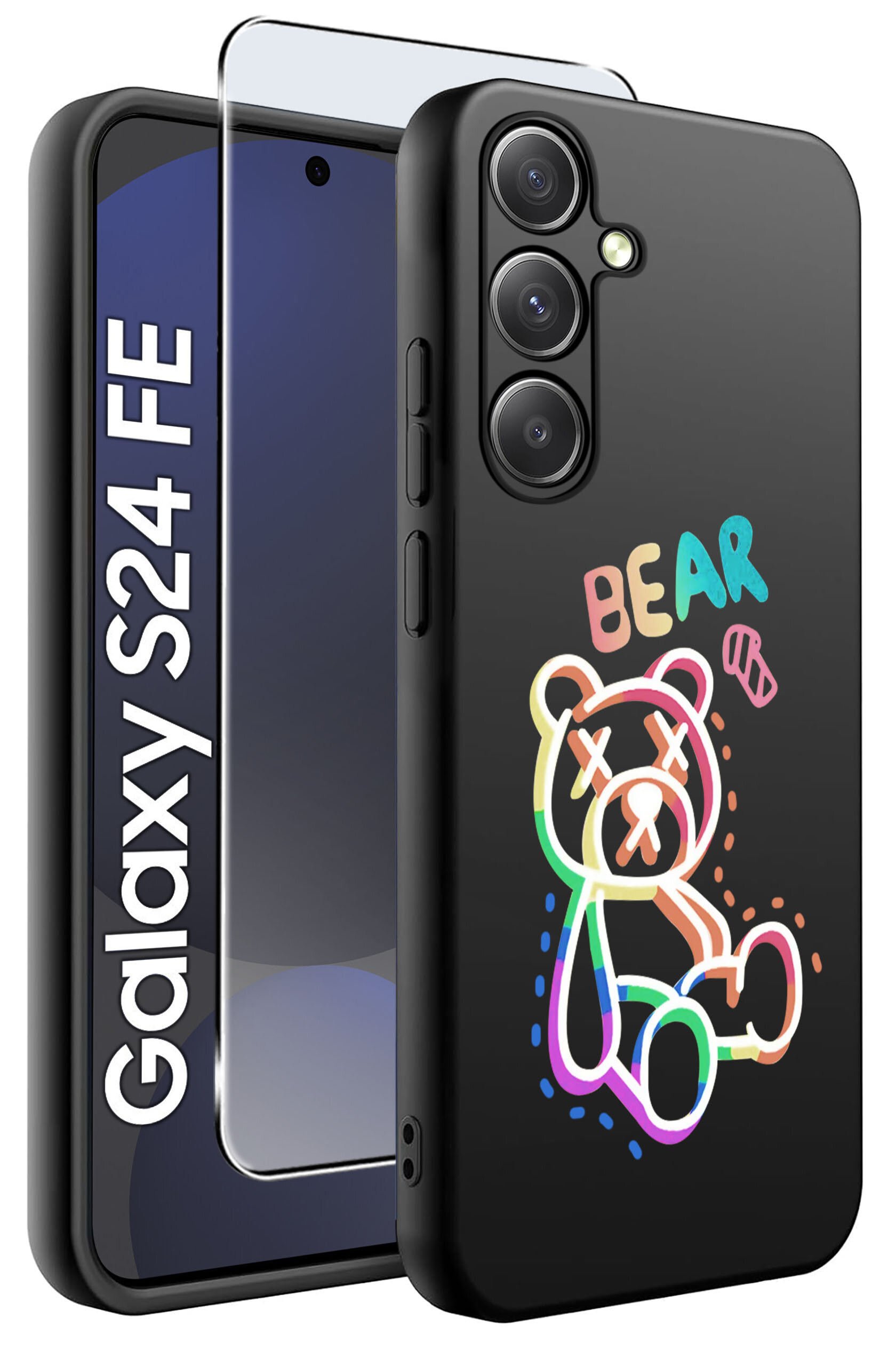 Obraz przedstawia czarne etui na telefon z kolorowym rysunkiem misia i napisem \'BEAR\'. Obok etui znajduje się szkło ochronne, a na ekranie telefonu widoczny jest napis \'Galaxy S24 FE\'.