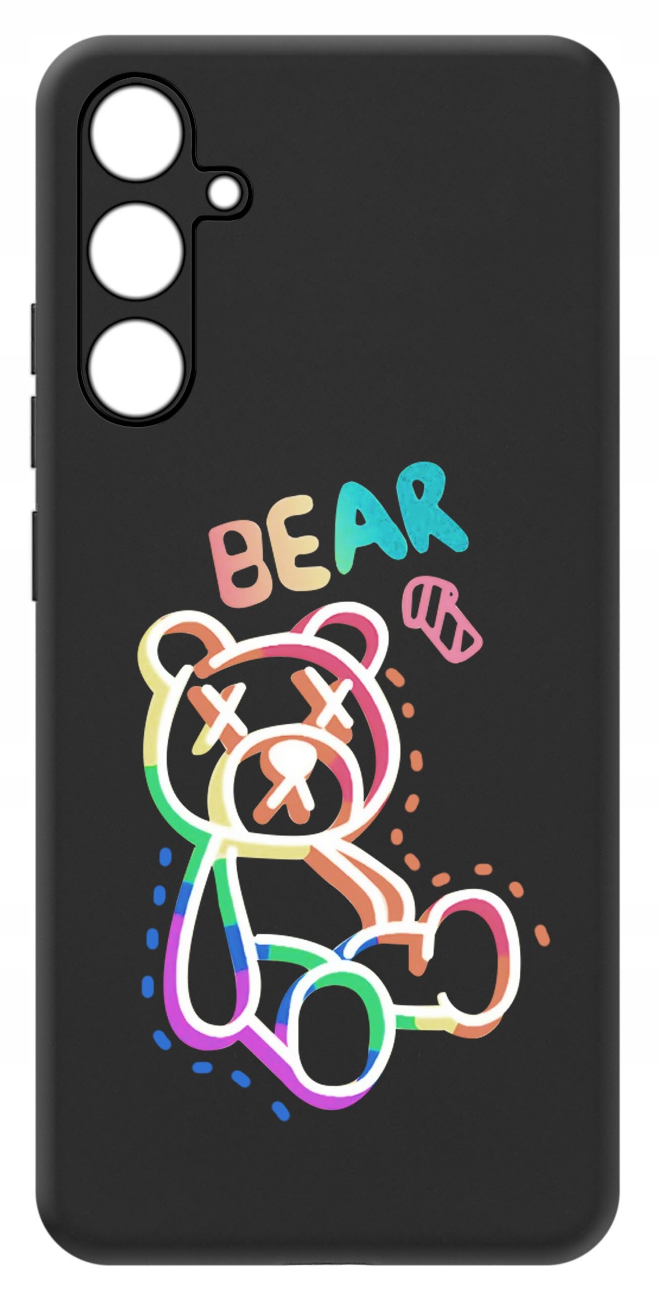 Czarne etui z kolorowym rysunkiem misia z zamkniętymi oczami i napisem \'BEAR\'.