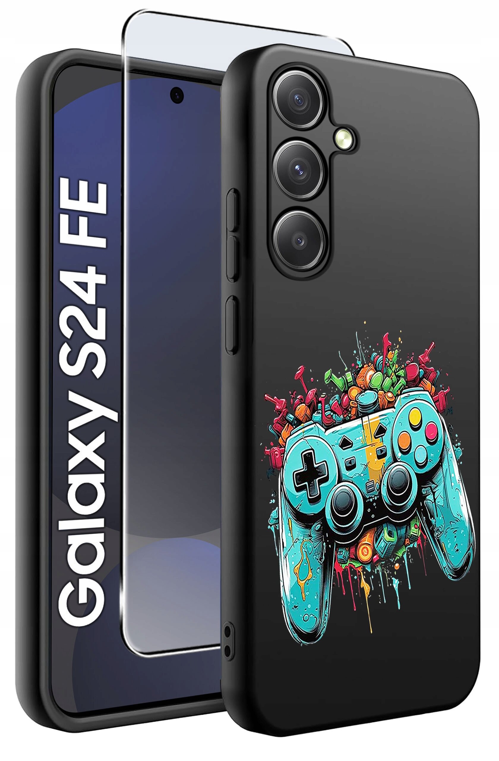 Etui do telefonu z kolorowym wzorem kontrolera do gier, obok którego znajduje się szkło ochronne. Na ekranie telefonu widoczny jest napis \'Galaxy S24 FE\'.