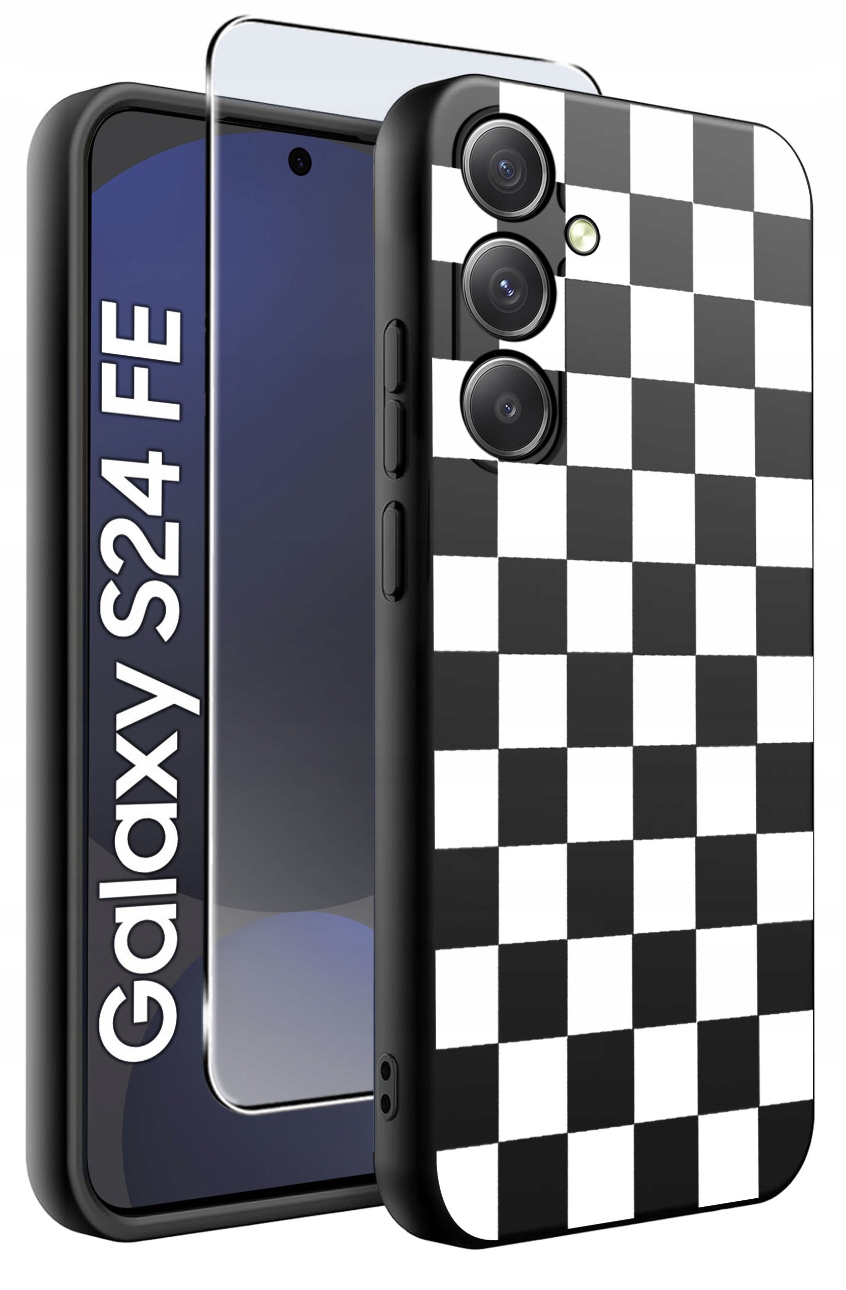 Obraz przedstawia etui na telefon z czarno-białym wzorem szachownicy oraz szkło ochronne. Na ekranie telefonu widoczny jest napis \'Galaxy S24 FE\'.