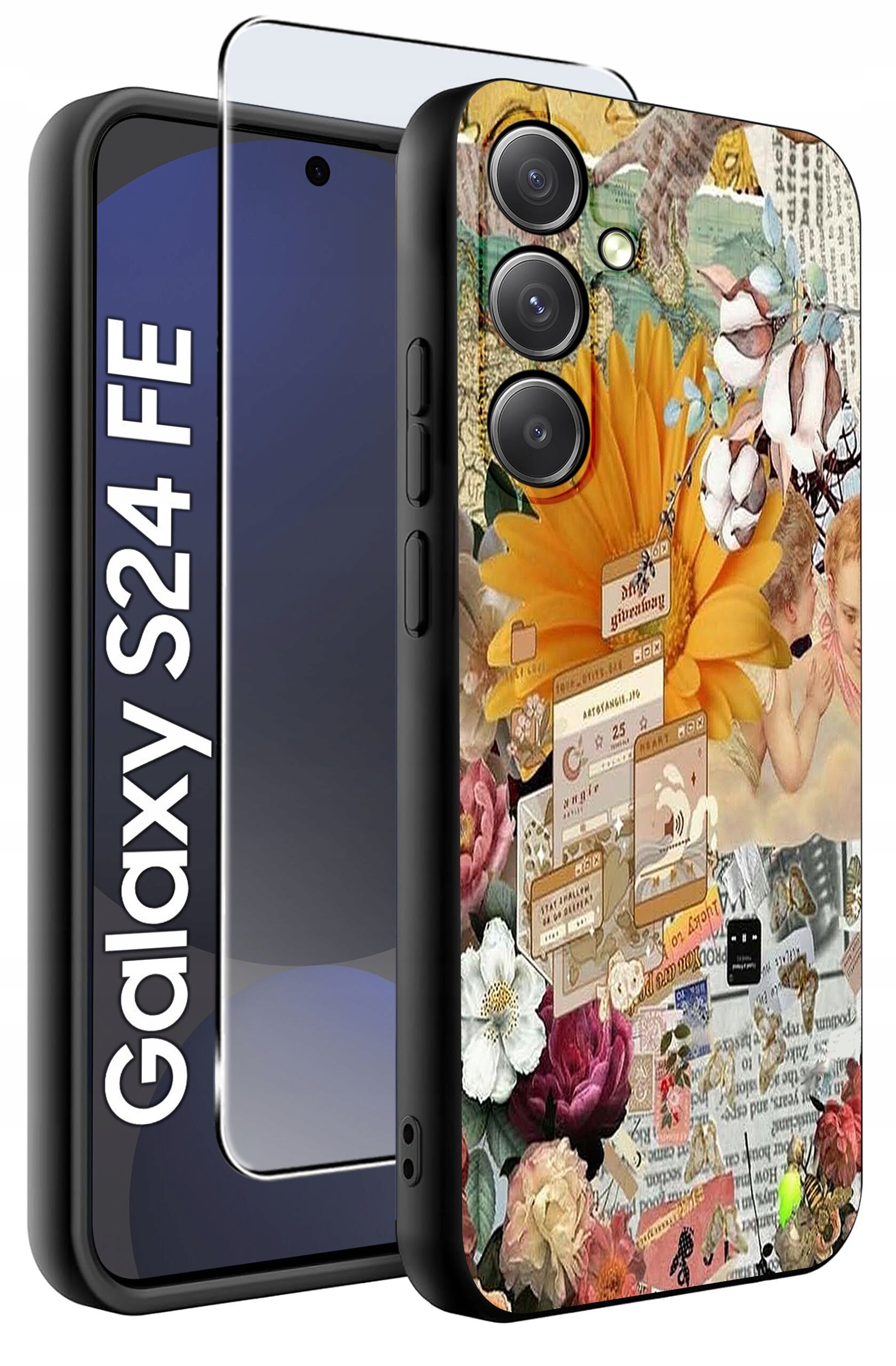 Etui na telefon z kolorowym wzorem kwiatów i elementów graficznych, obok widoczne szkło ochronne. Na ekranie telefonu napis \'Galaxy S24 FE\'.
