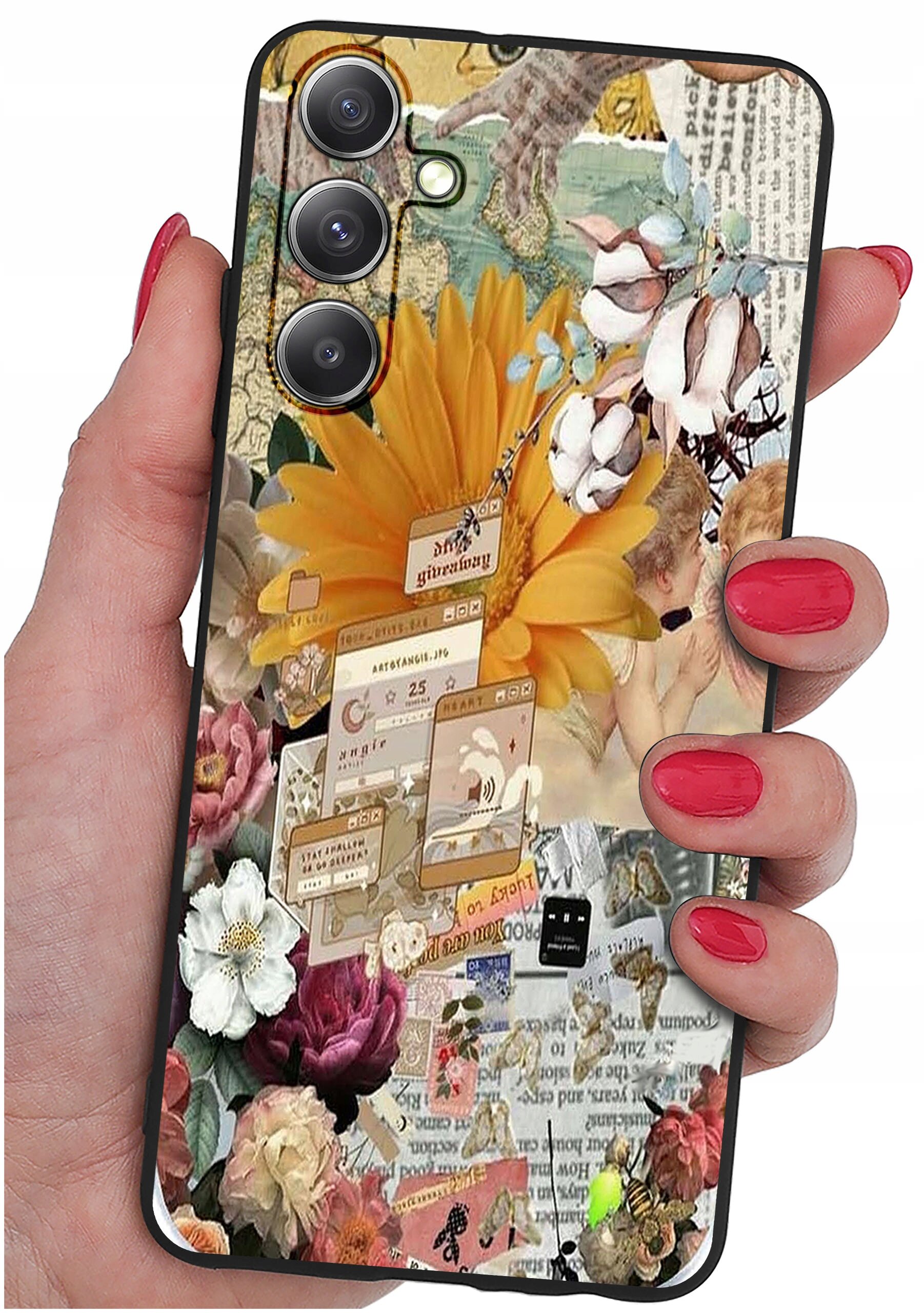 Etui na telefon z kolorowym, kolażowym wzorem przedstawiającym kwiaty, elementy graficzne i fragmenty tekstu. Widoczne są trzy obiekty przypominające obiektywy aparatu.