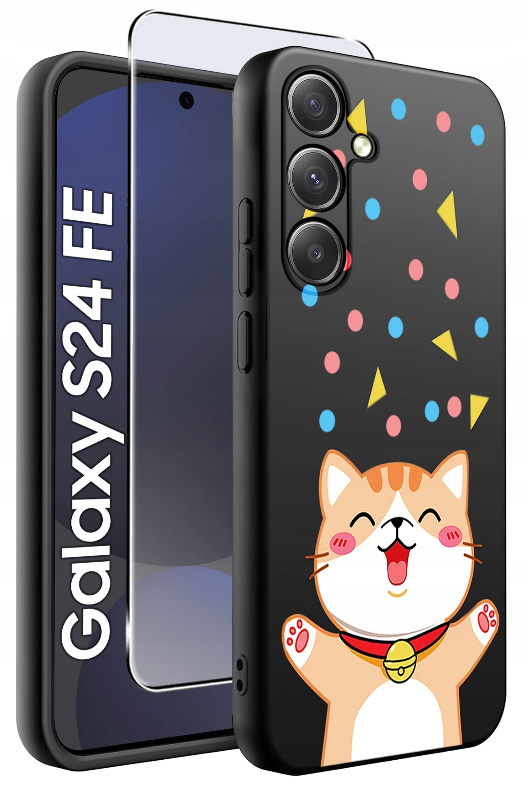 Obraz przedstawia silikonowe etui na telefon z nadrukiem uśmiechniętego kota i kolorowymi kształtami. Obok etui znajduje się szkło ochronne oraz napis \'Galaxy S24 FE\'.