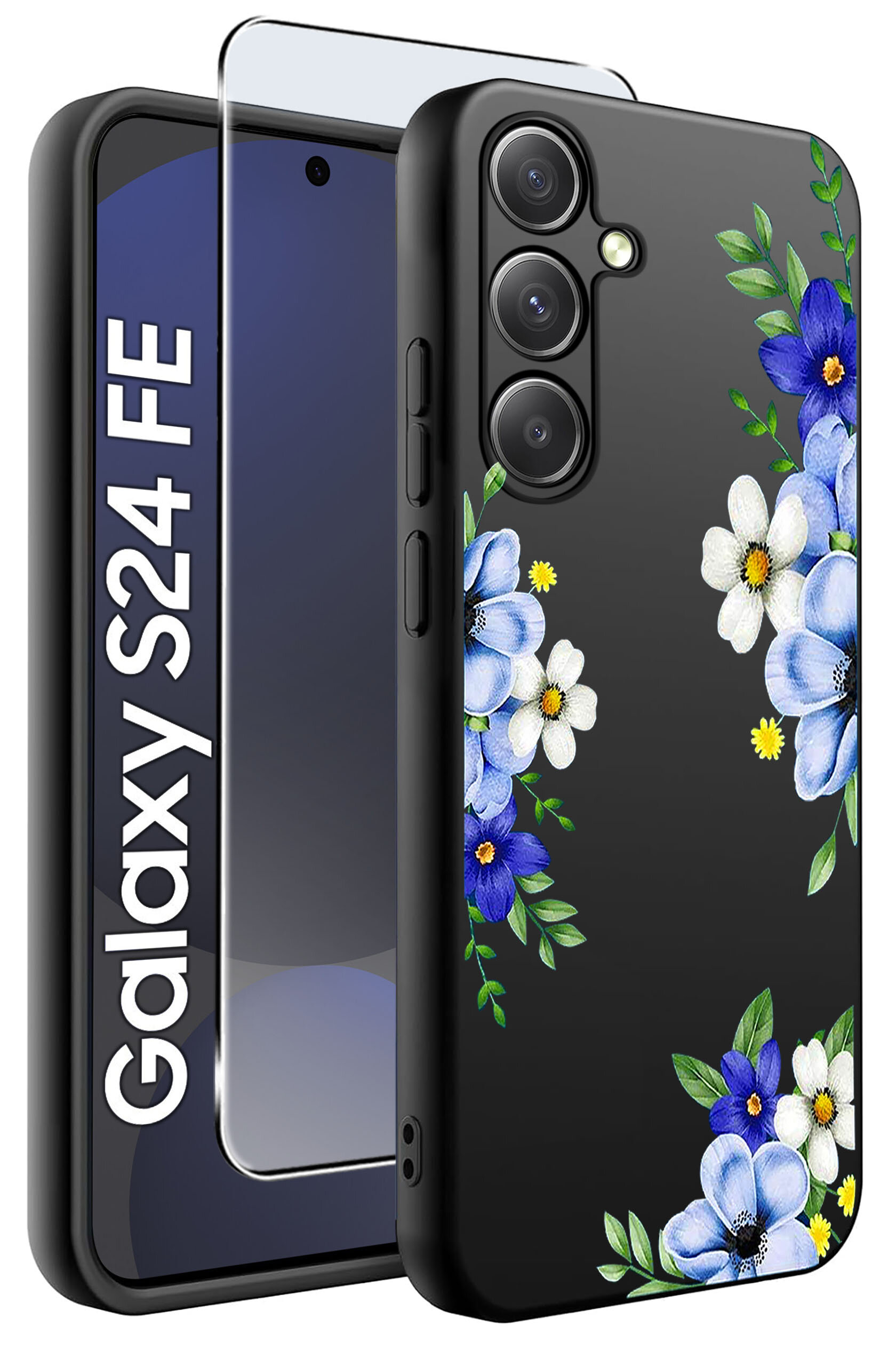 Obraz przedstawia czarne etui na telefon z kolorowym wzorem kwiatów w odcieniach niebieskiego i białego. Obok etui znajduje się szkło ochronne oraz widoczny napis \'Galaxy S24 FE\'.