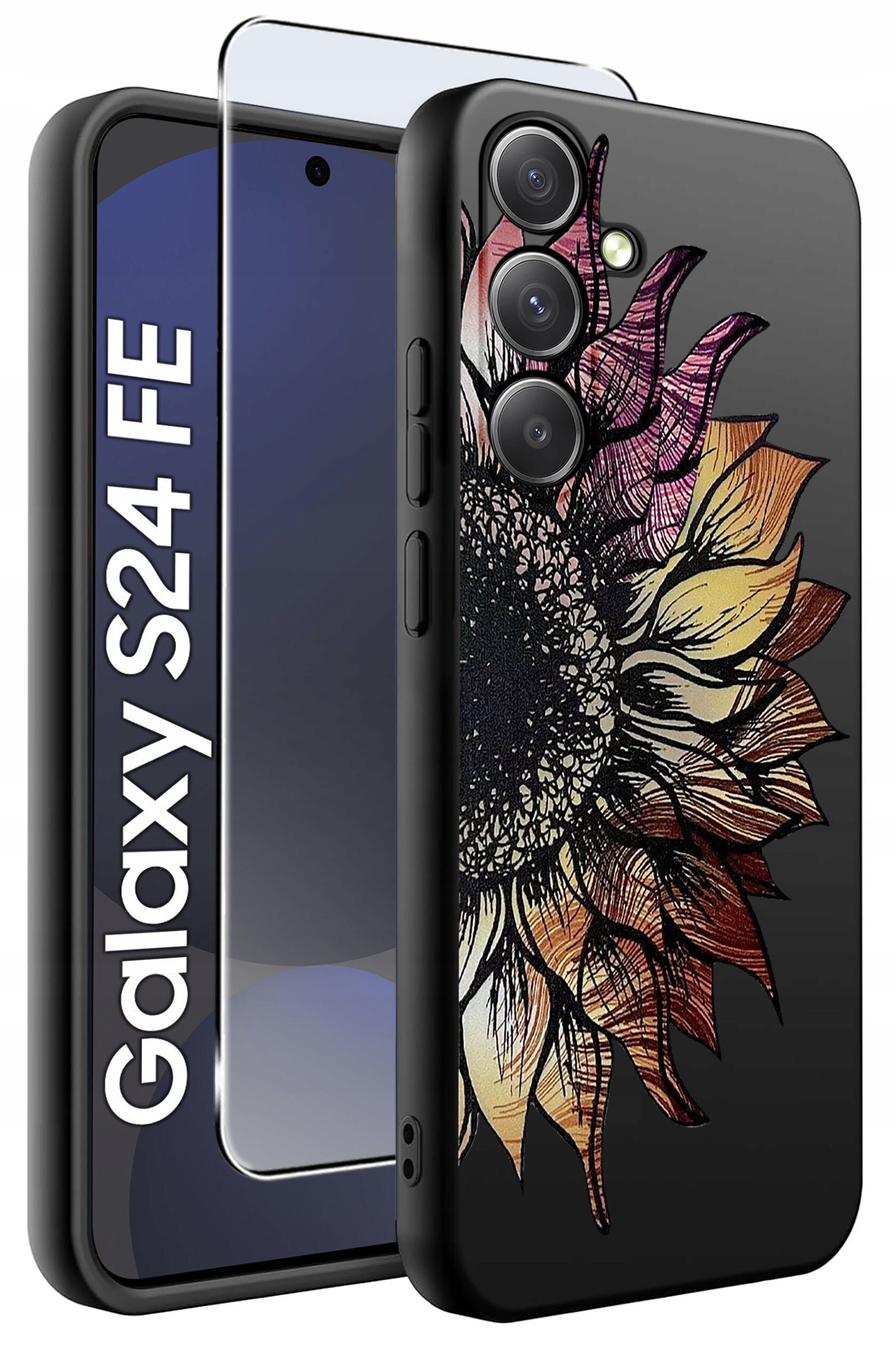 Obraz przedstawia etui na telefon z kolorowym wzorem kwiatu oraz szkło ochronne. Na ekranie telefonu widoczny jest napis \'Galaxy S24 FE\'.