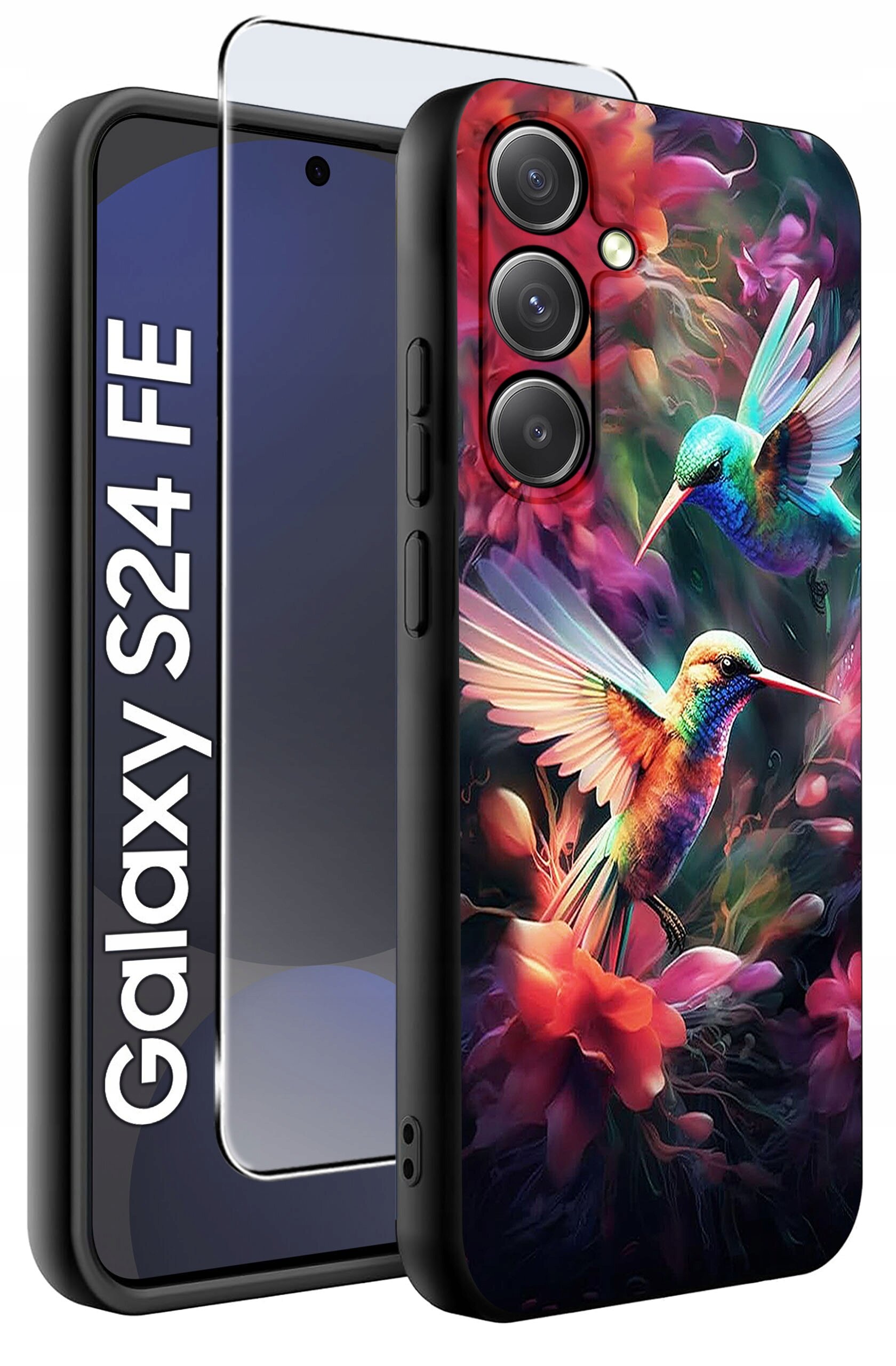 Etui na telefon z kolorowym wzorem przedstawiającym dwa kolibry wśród kwiatów. Obok etui widoczny jest napis \'Galaxy S24 FE\' oraz szkło ochronne.