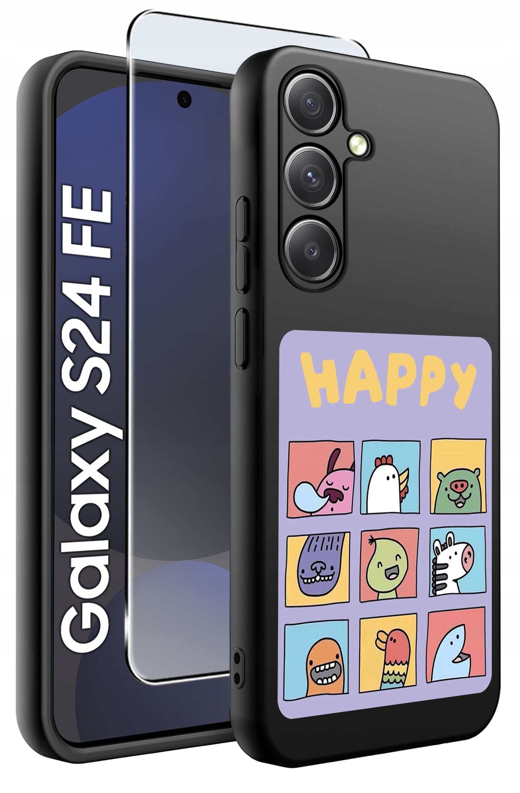 Obraz przedstawia czarne etui na telefon z kolorowym wzorem przedstawiającym dziewięć rysunkowych postaci i napisem \'HAPPY\'. Obok etui znajduje się szkło ochronne oraz telefon z widocznym napisem \'Galaxy S24 FE\'.