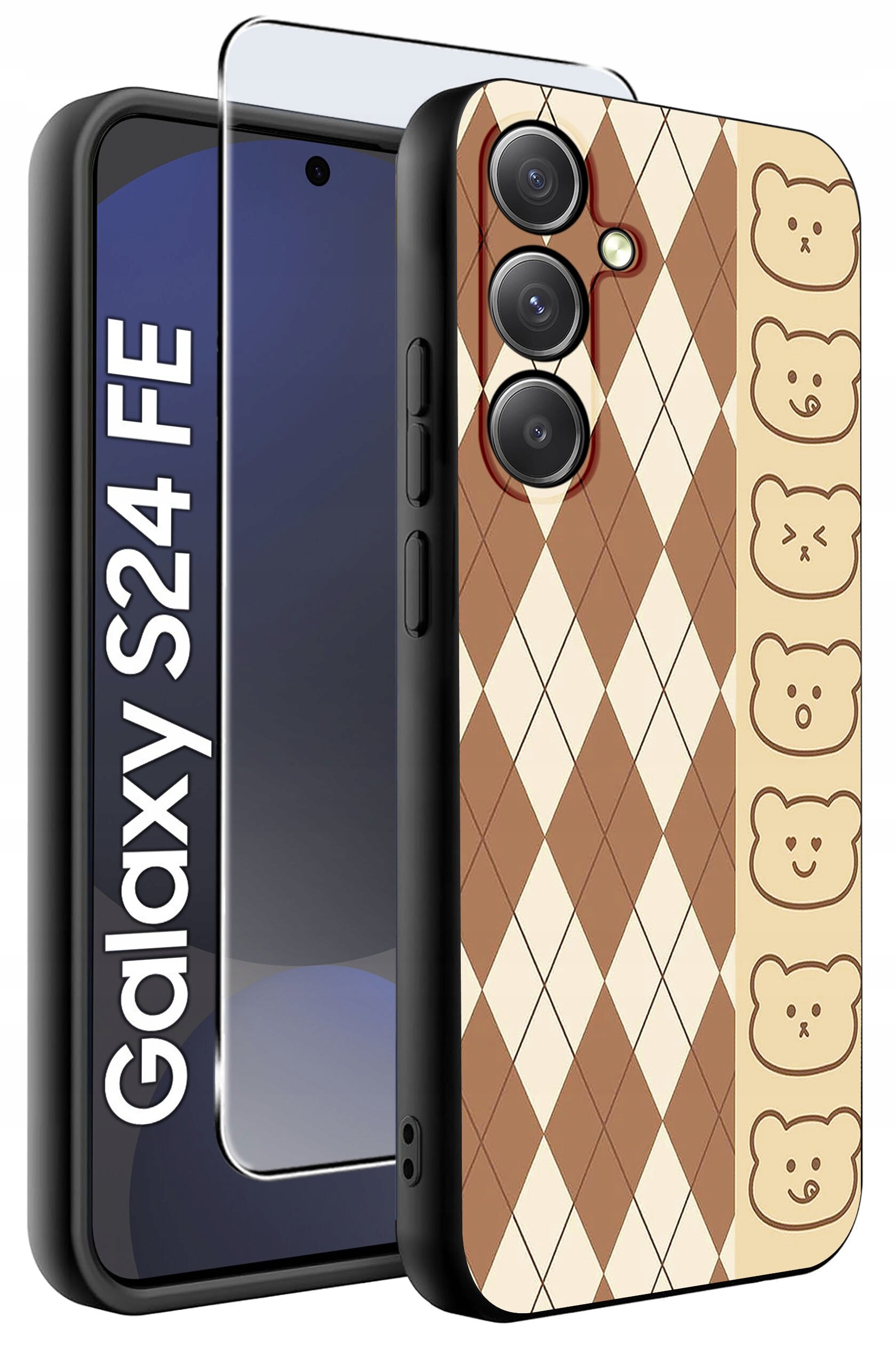 Obraz przedstawia etui na telefon z wzorem w romby w kolorach brązowym i beżowym oraz rzędem rysunkowych misiów po boku. Obok etui znajduje się szkło ochronne, a na ekranie telefonu widoczny jest napis \'Galaxy S24 FE\'.