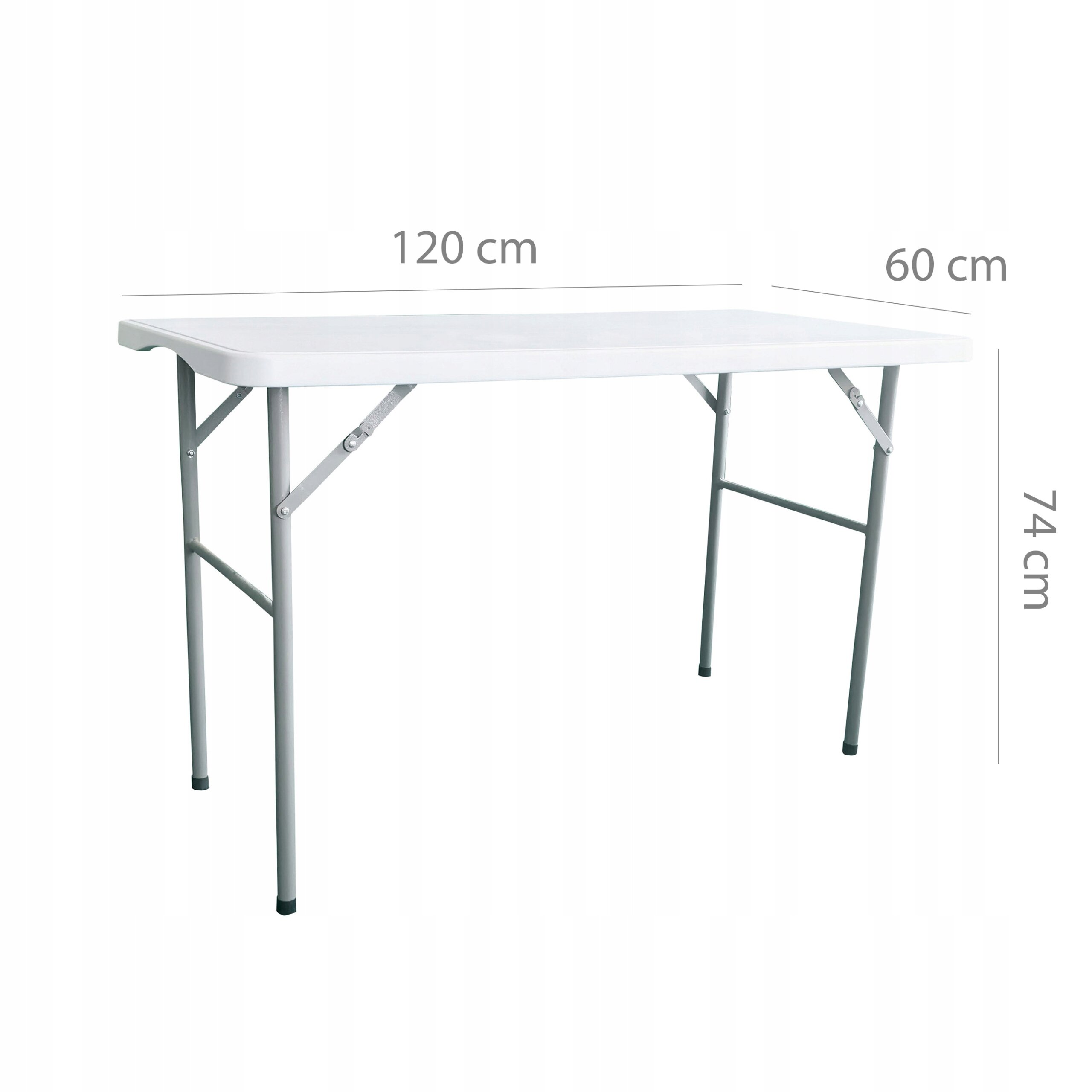 Na obrazie widoczny jest biały stół składany z metalowymi nogami. Wymiary stołu to 120 cm długości, 60 cm szerokości i 74 cm wysokości.