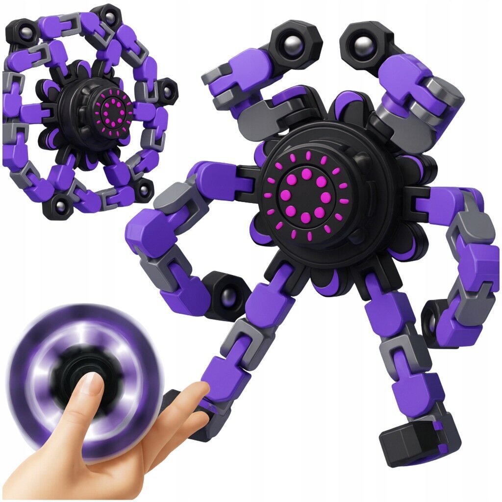 Obraz przedstawia składany fidget spinner w kształcie robota z fioletowymi i czarnymi elementami. Widać rękę trzymającą spinner w ruchu.