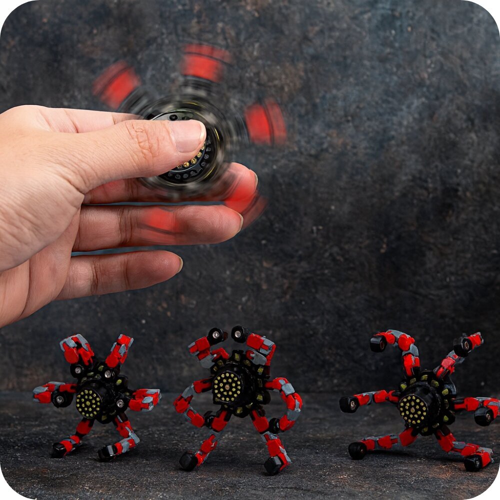 Na zdjęciu widać rękę trzymającą wirujący fidget spinner z czerwonymi elementami. Obok znajdują się trzy zabawki przypominające roboty z czerwonymi i czarnymi elementami.