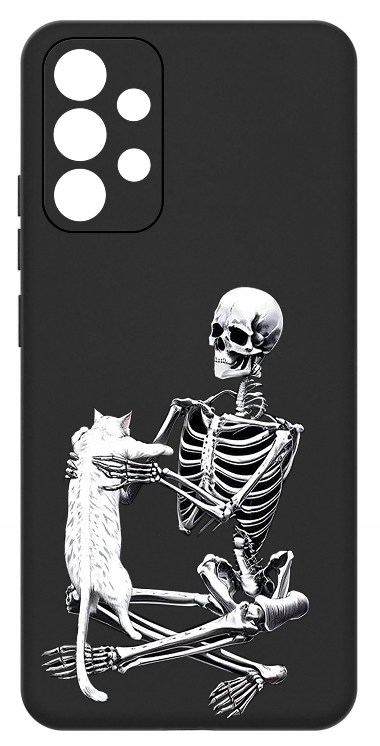 Czarne etui na telefon z nadrukiem szkieletu trzymającego białego kota. Etui ma wycięcia na aparat i przyciski boczne.