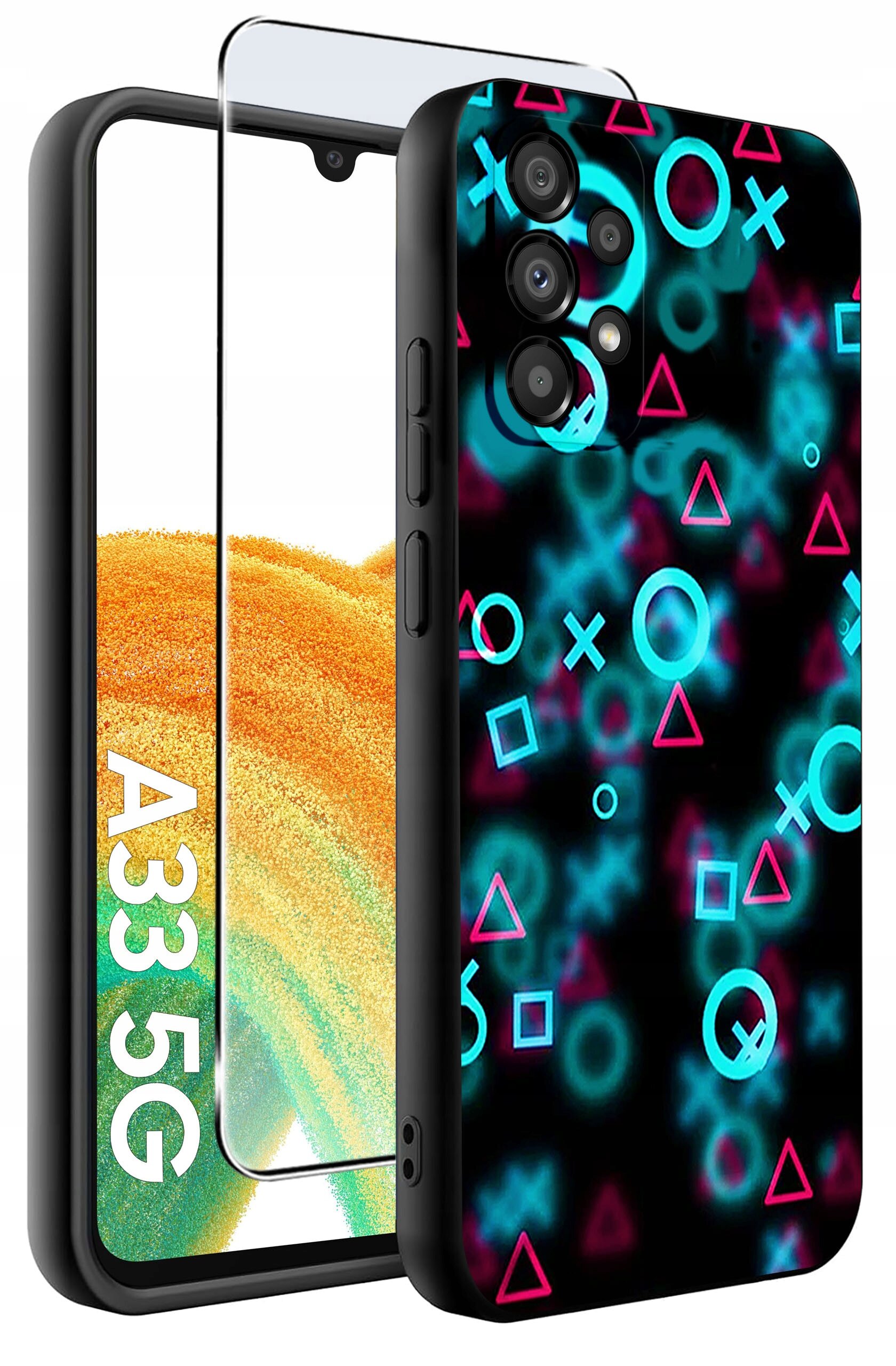 Obraz przedstawia etui na telefon z kolorowymi wzorami geometrycznymi na czarnym tle oraz szkło ochronne. Na ekranie telefonu widoczny jest napis \'A33 5G\'.