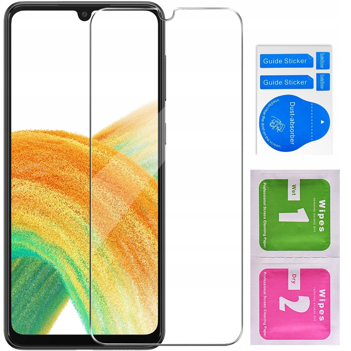 Obraz przedstawia telefon z nałożonym szkłem ochronnym oraz zestaw akcesoriów do montażu, w tym naklejki \'Guide Sticker\' i \'Dust-absorber\', a także chusteczki \'Wet 1\' i \'Dry 2\'.