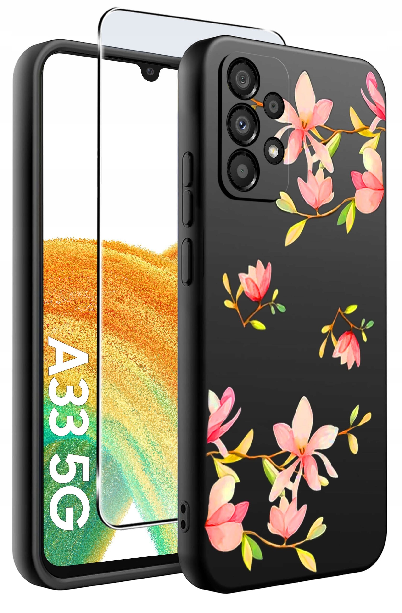 Obraz przedstawia czarne etui na telefon z motywem kwiatowym oraz szkło ochronne. Na ekranie telefonu widoczny jest napis \'A33 5G\'.
