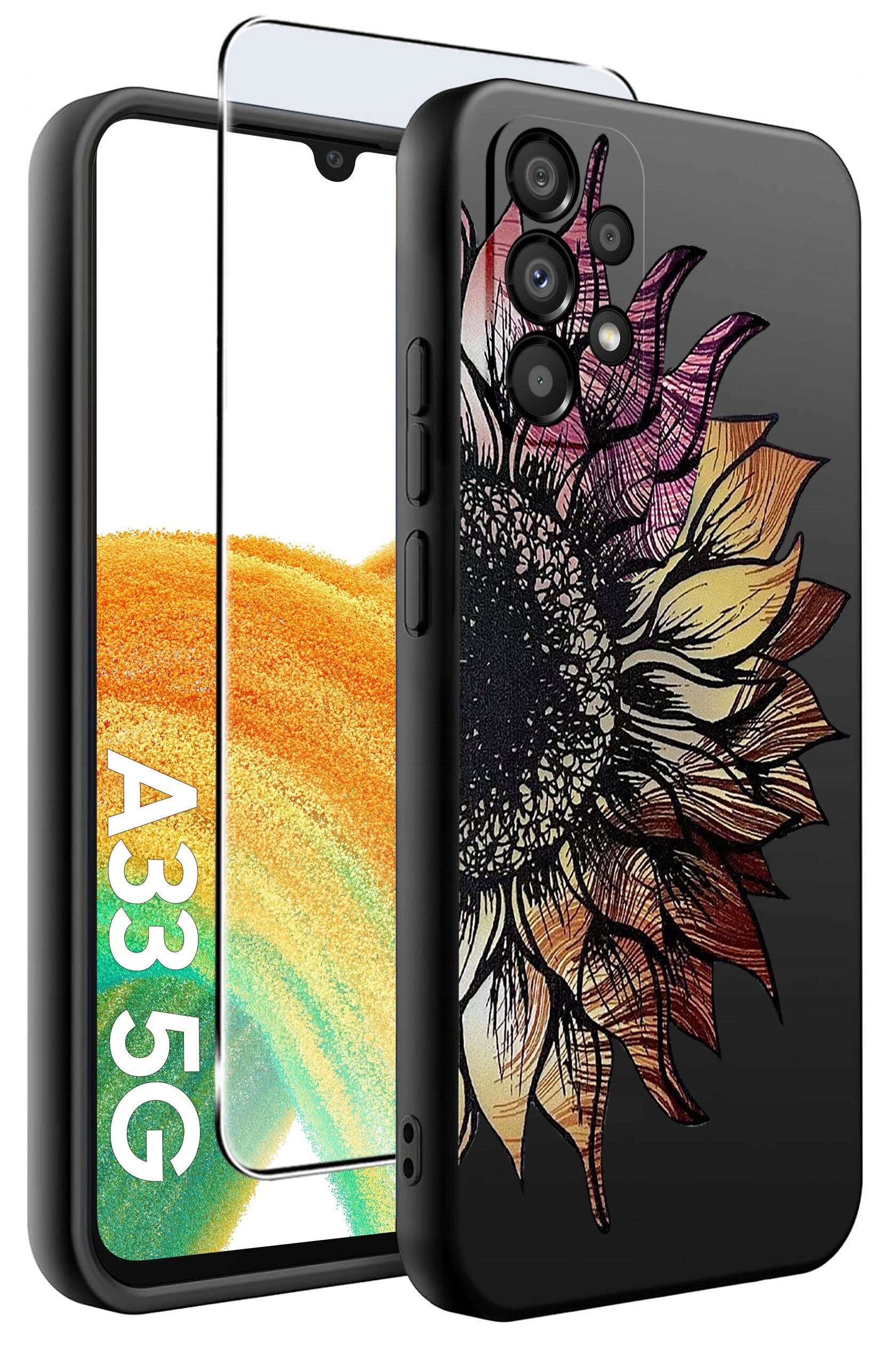 Obraz przedstawia silikonowe etui na telefon z kolorowym wzorem kwiatu oraz szkło ochronne. Na ekranie telefonu widoczny jest napis \'A33 5G\'.
