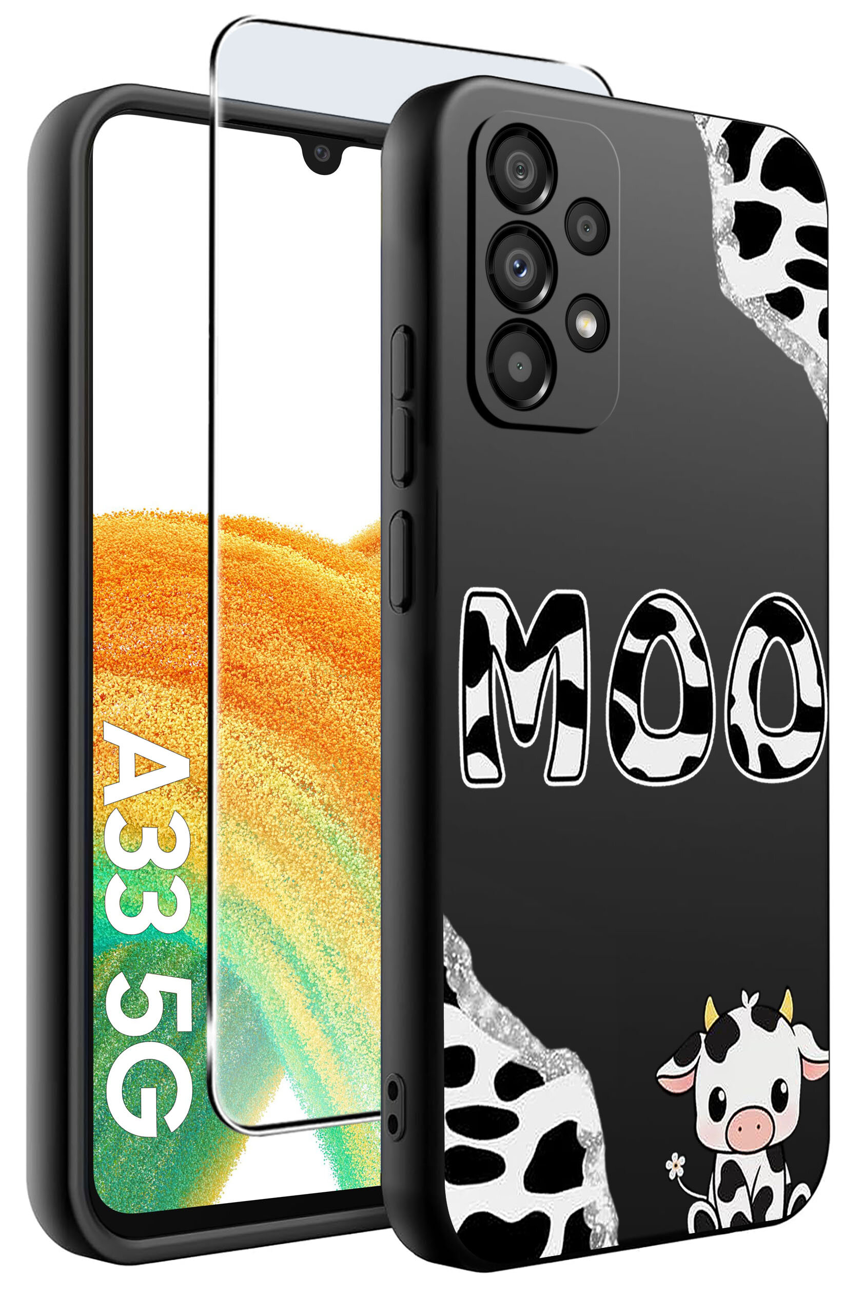 Obraz przedstawia czarne etui na telefon z napisem \'MOO\' i wzorem przypominającym krowie łaty oraz małą ilustracją krowy. Obok etui znajduje się szkło ochronne na ekran, a na ekranie telefonu widoczny jest napis \'A33 5G\'.