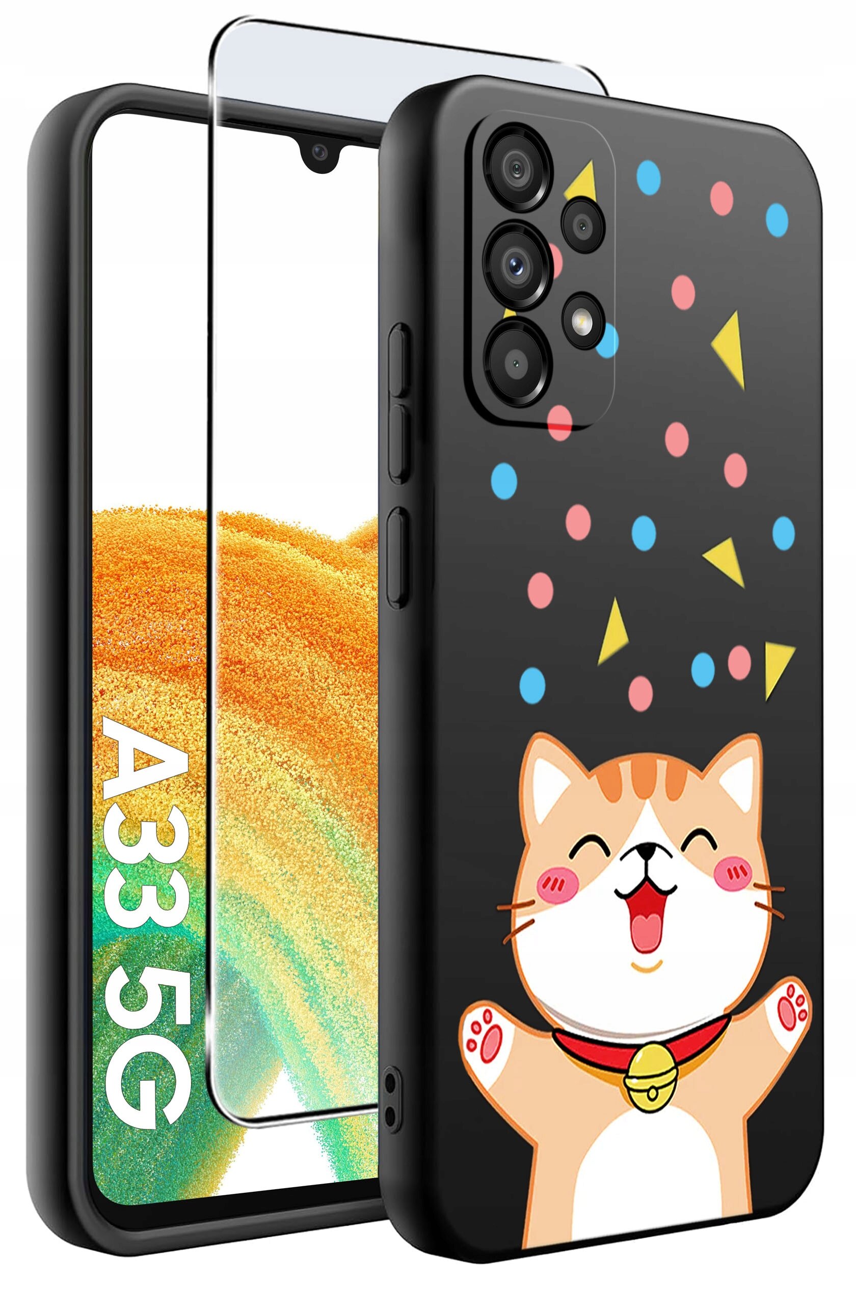 Etui na telefon z grafiką uśmiechniętego kota i kolorowymi kształtami oraz szkło ochronne. Widoczny napis \'A33 5G\'.