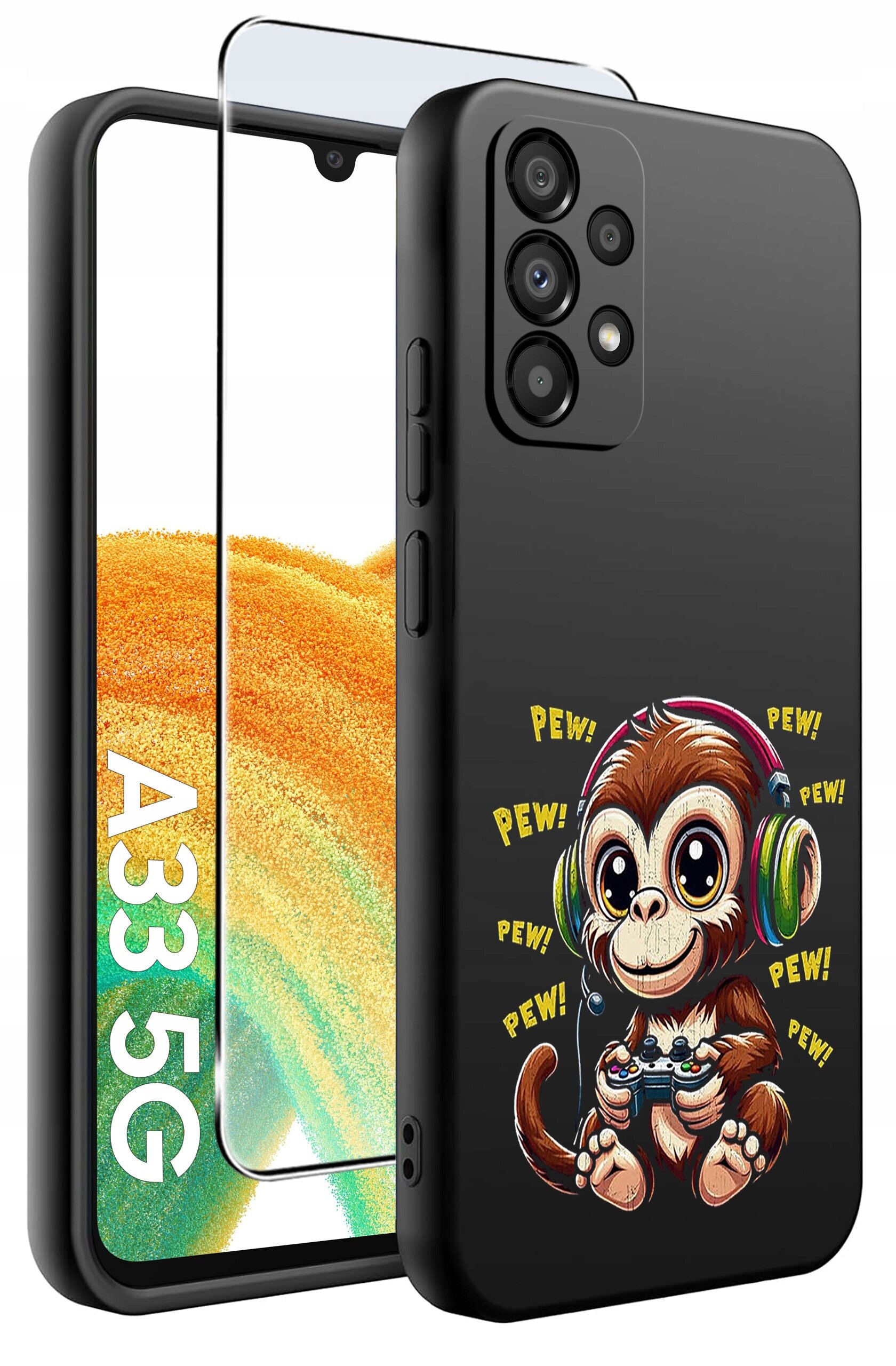 Czarne etui na telefon z kolorowym nadrukiem małpy w słuchawkach trzymającej kontroler do gier, otoczonej napisem \'PEW!\'. Obok etui znajduje się szkło ochronne oraz widoczny fragment telefonu z napisem \'A33 5G\'.