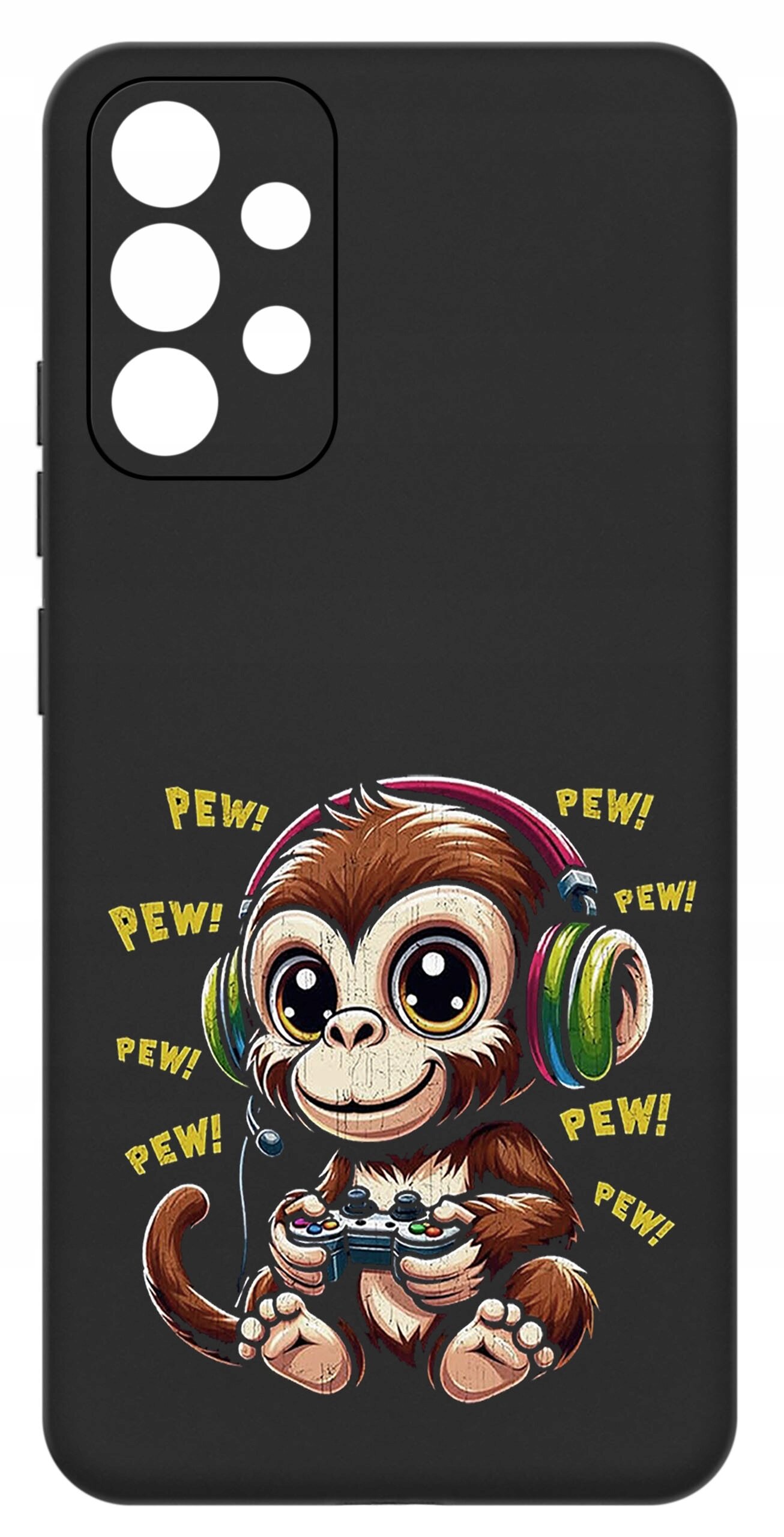 Czarne etui z nadrukiem małpki w słuchawkach trzymającej kontroler do gier, otoczonej napisem \'PEW!\'.