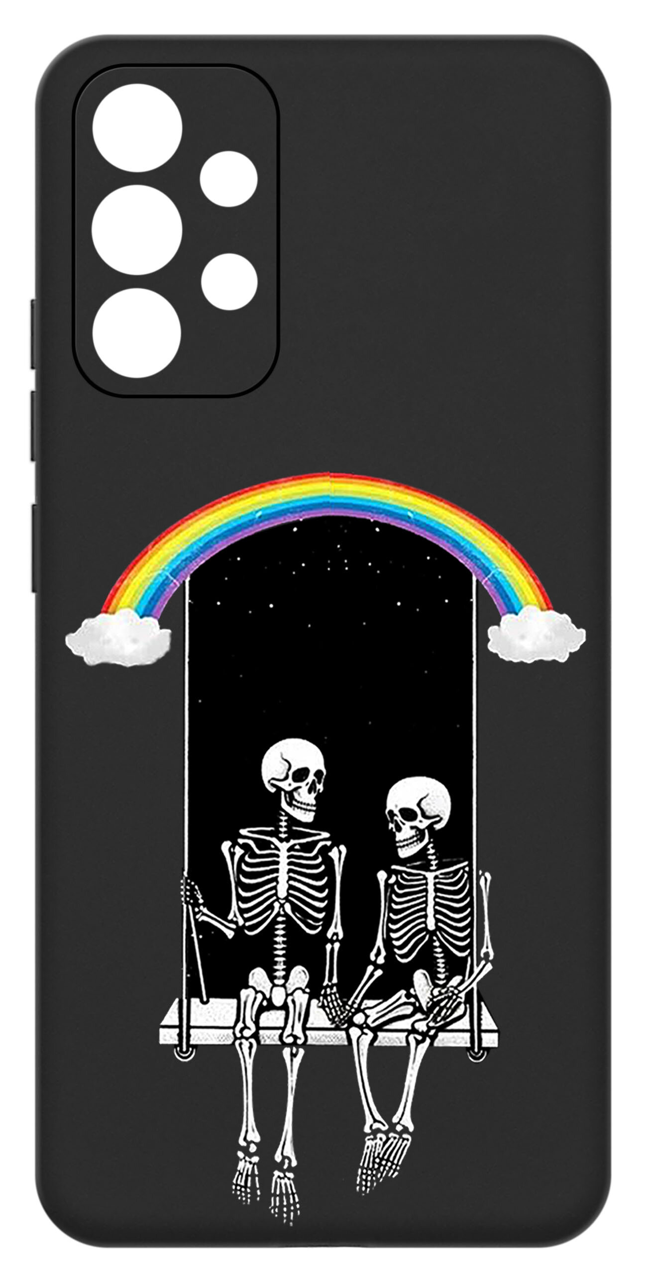 Czarne etui na telefon z grafiką dwóch szkieletów siedzących na huśtawce pod tęczą z chmurkami.