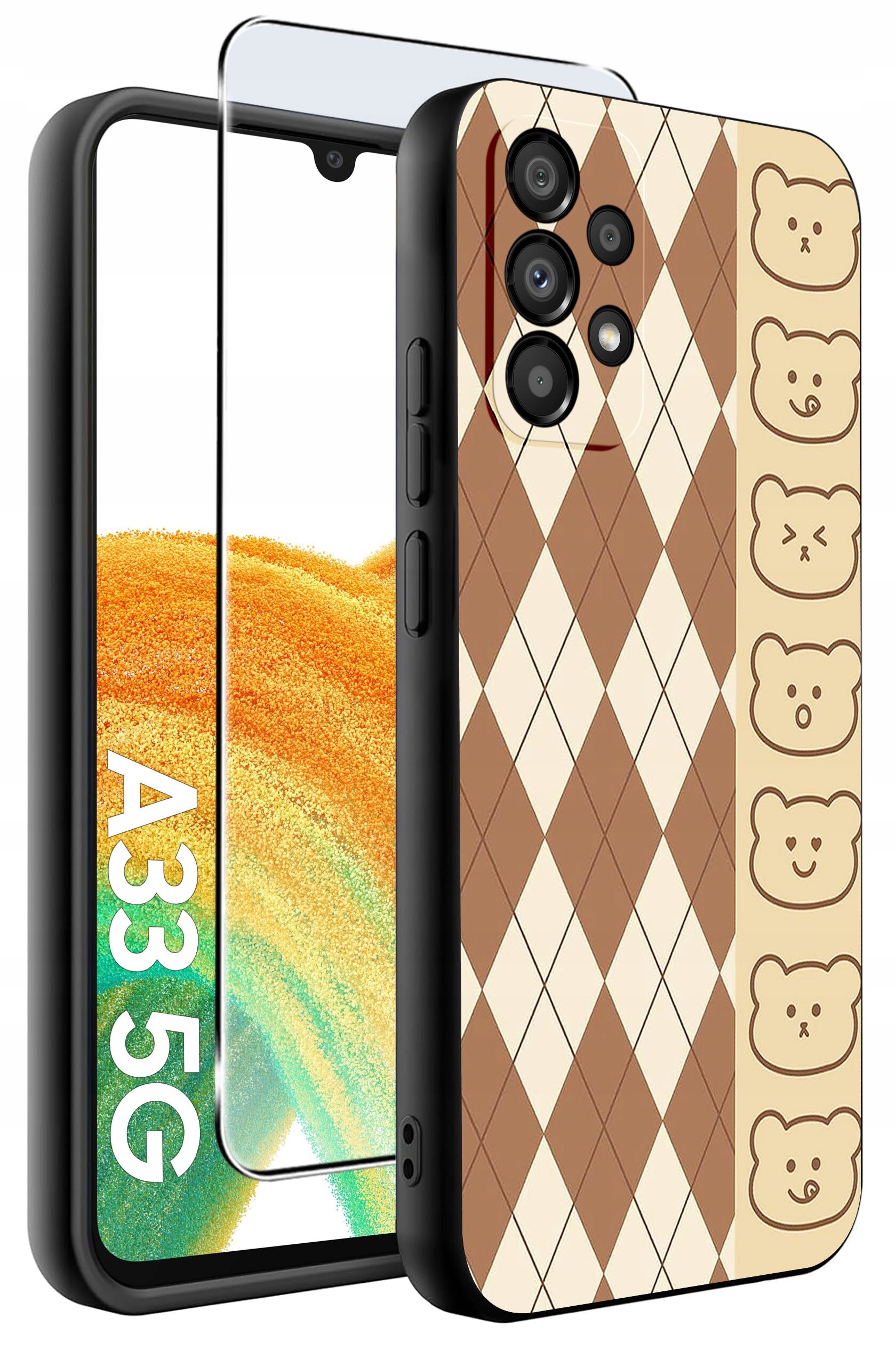 Etui na telefon z wzorem w romby i rysunkami misiów, obok szkło ochronne. Na ekranie telefonu widoczny napis \'A33 5G\'.