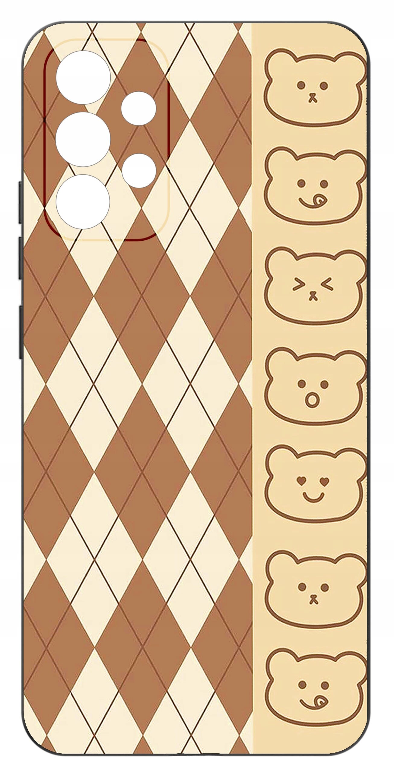 Etui na telefon z wzorem w romby w kolorach brązowym i kremowym oraz rzędem rysunków misiów po prawej stronie. Etui posiada wycięcia na aparat i przyciski.