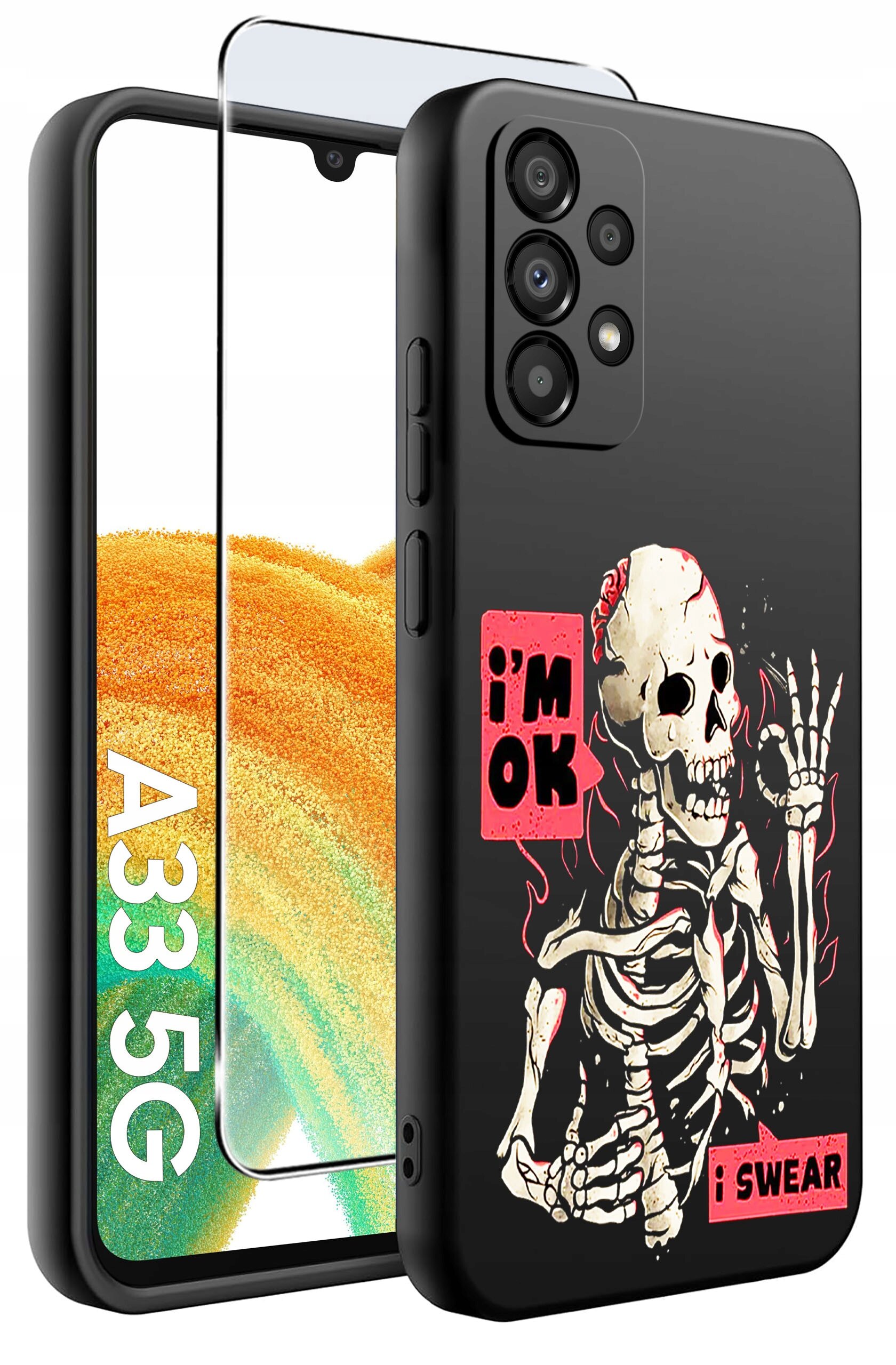 Obraz przedstawia czarne etui na telefon z nadrukiem szkieletu i napisami \'i\'m OK\' oraz \'i SWEAR\'. Obok etui znajduje się szkło ochronne, a na ekranie telefonu widoczny jest napis \'A33 5G\'.