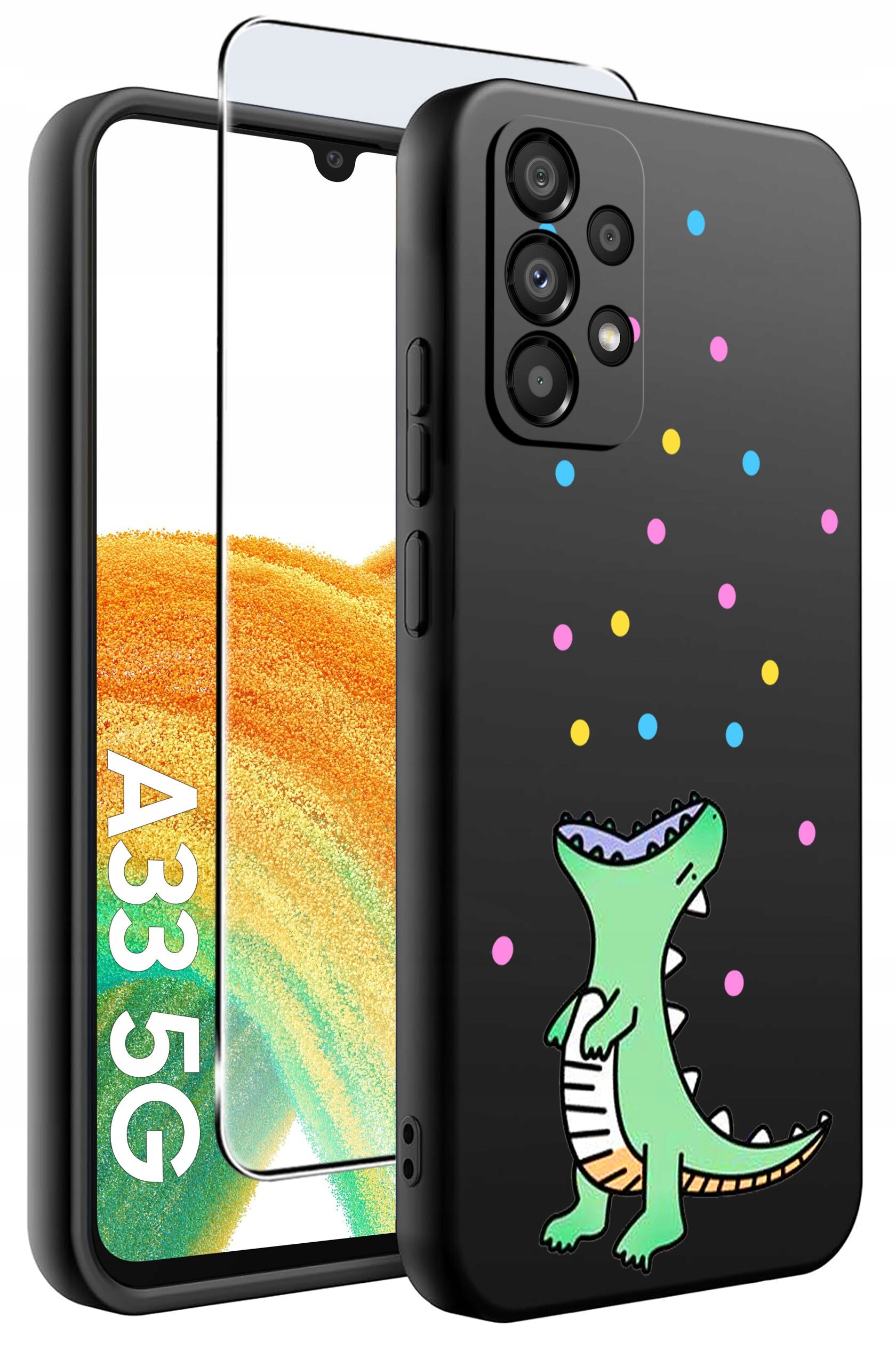 Czarne etui na telefon z kolorowym wzorem dinozaura i kolorowymi kropkami. Obok etui znajduje się szkło ochronne, a na ekranie telefonu widoczny jest napis \'A33 5G\'.