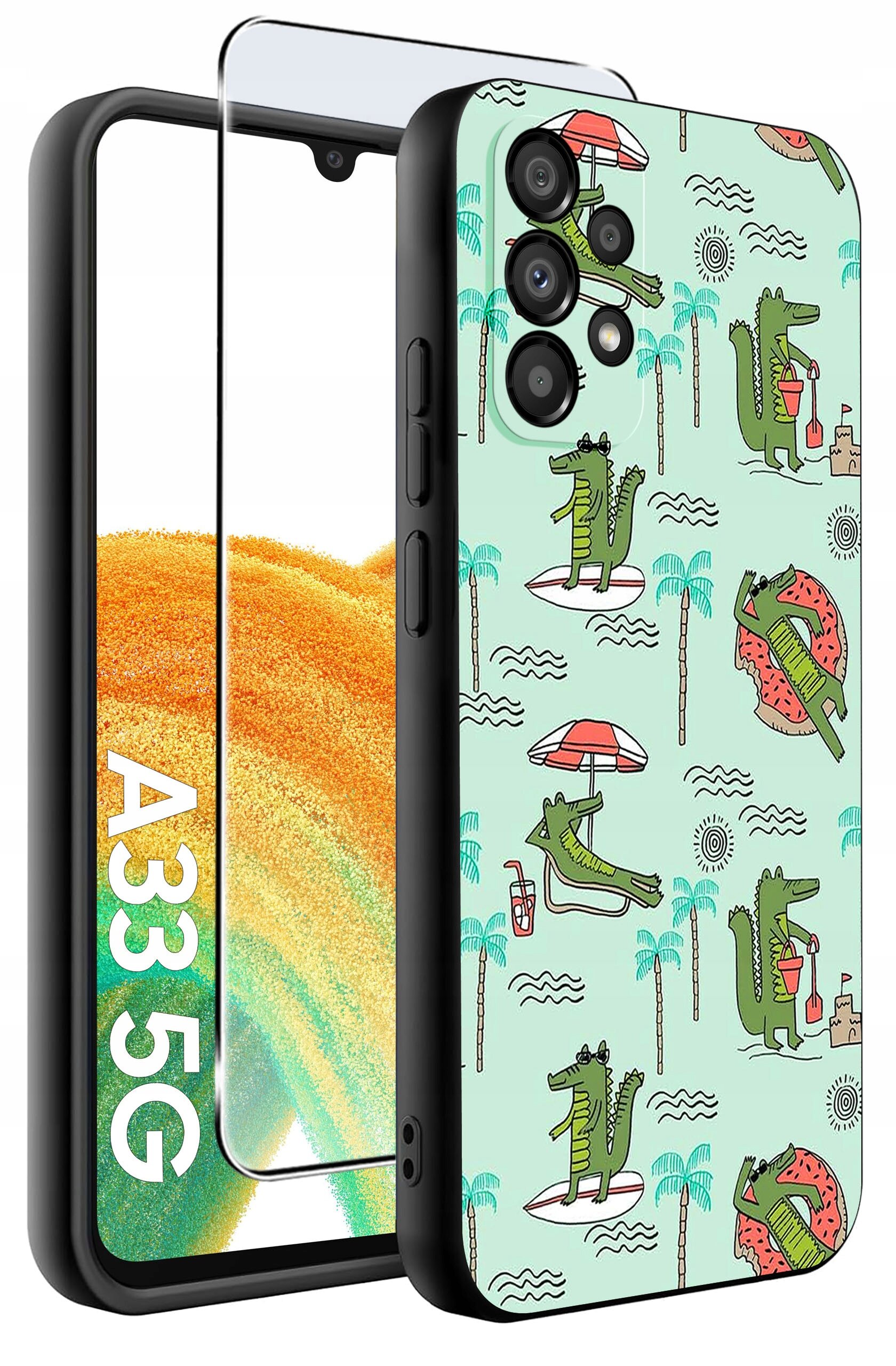 Etui na telefon z kolorowym wzorem przedstawiającym krokodyle na plaży, z parasolami i palmami. Obok etui znajduje się szkło ochronne, a na ekranie telefonu widoczny jest napis \'A33 5G\'.