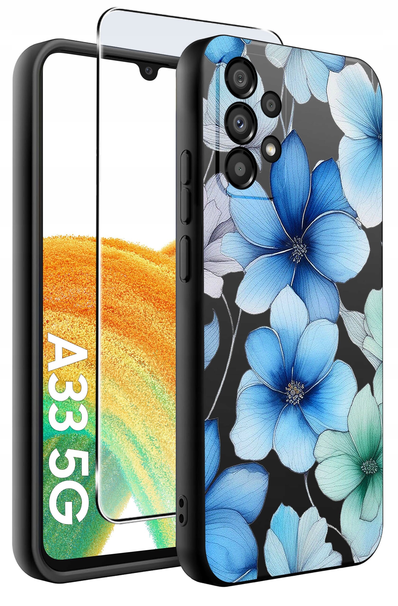 Etui na telefon z wzorem niebieskich kwiatów oraz szkło ochronne. Widoczny napis: \'A33 5G\'.