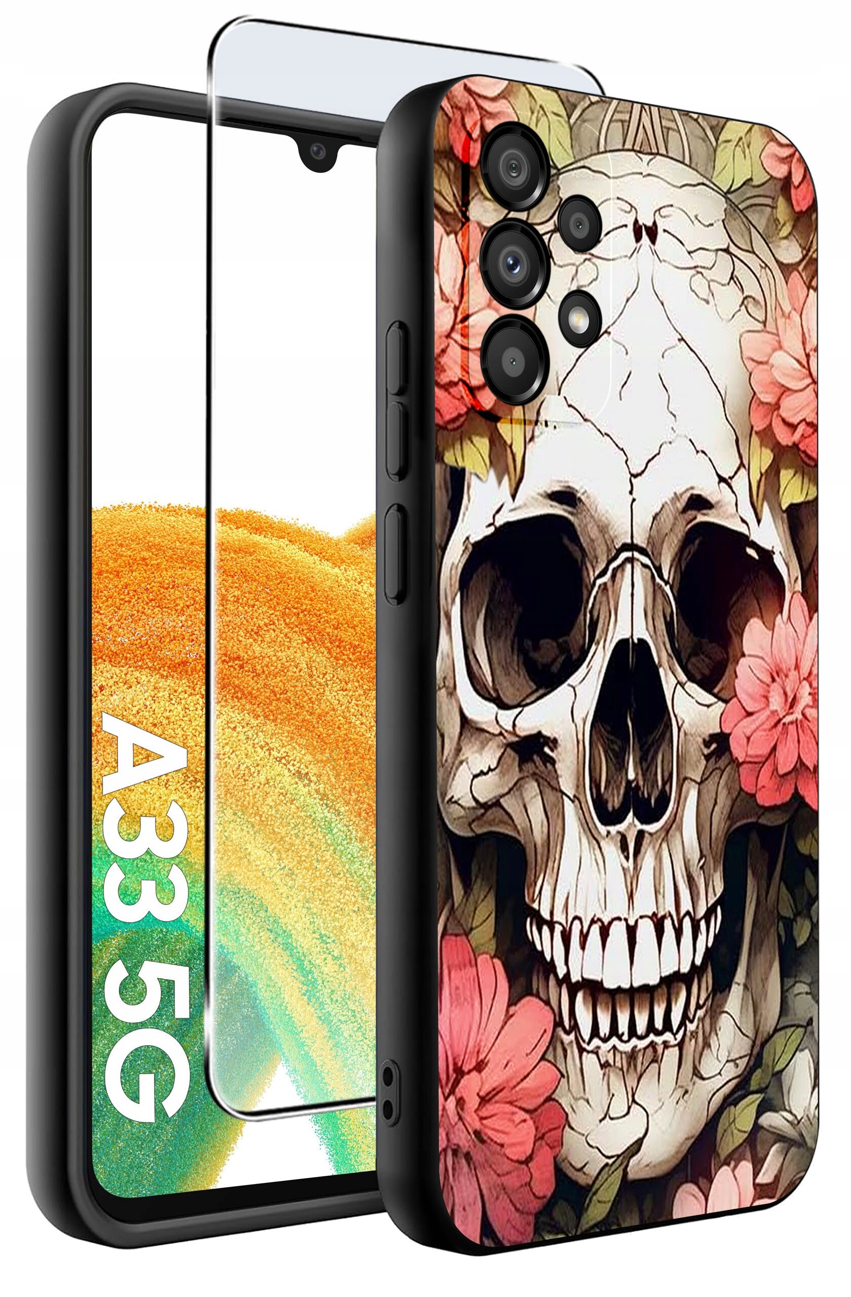 Etui na telefon z motywem czaszki otoczonej kwiatami, obok szkło ochronne. Na ekranie telefonu widoczny napis \'A33 5G\'.