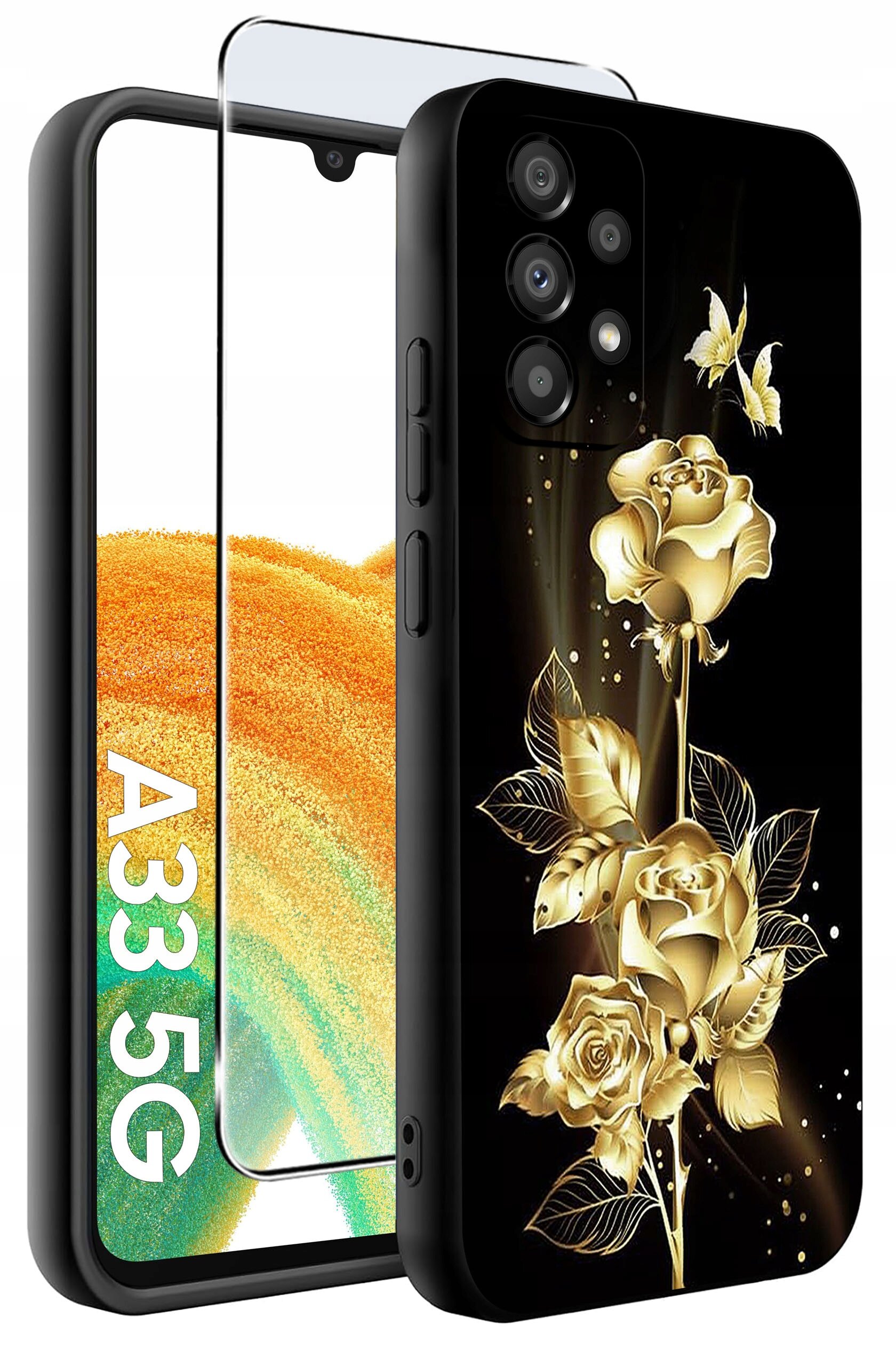 Obraz przedstawia etui na telefon z motywem złotych róż i motyli na czarnym tle. Obok etui widoczna jest szybka ochronna oraz napis \'A33 5G\'.
