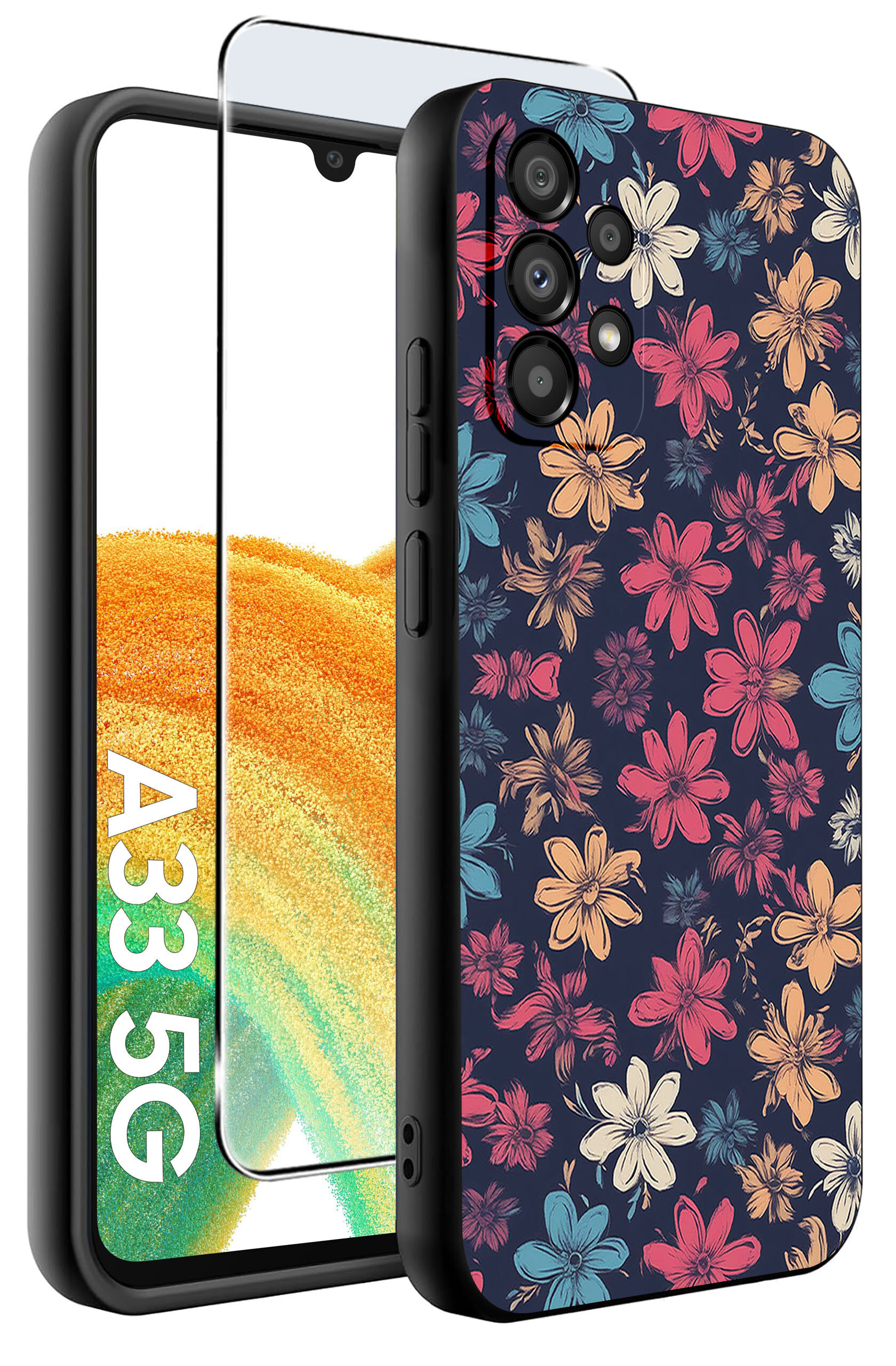 Obraz przedstawia etui na telefon z kolorowym wzorem kwiatowym oraz szkło ochronne. Na ekranie telefonu widoczny jest napis \'A33 5G\'.