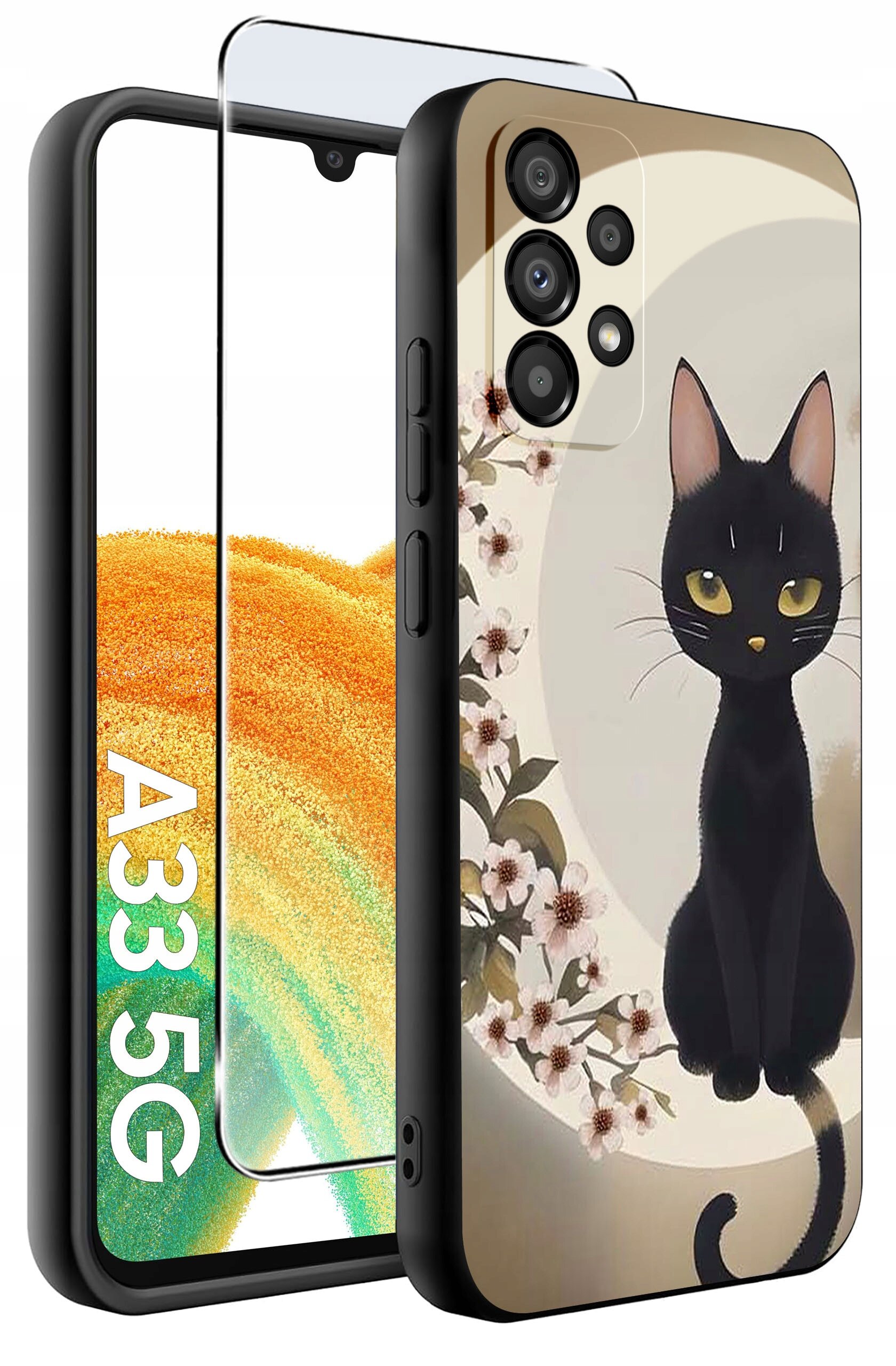 Etui na telefon z nadrukiem czarnego kota siedzącego na tle kwiatów, obok znajduje się szkło ochronne. Na etui widoczny jest napis \'A33 5G\'.