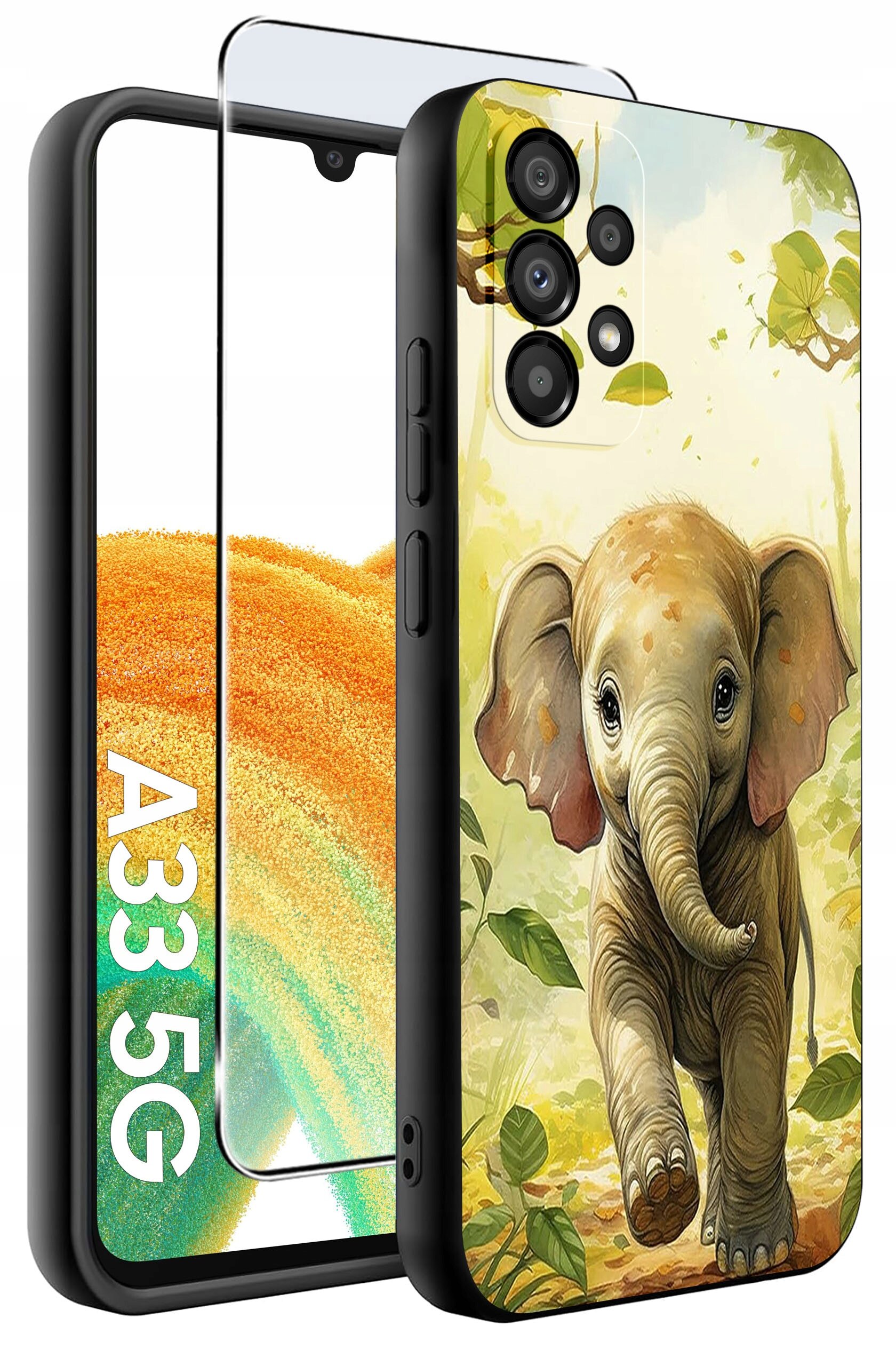 Etui do telefonu z motywem słonia na tle roślinności, obok szkło ochronne. Widoczny napis \'A33 5G\'.