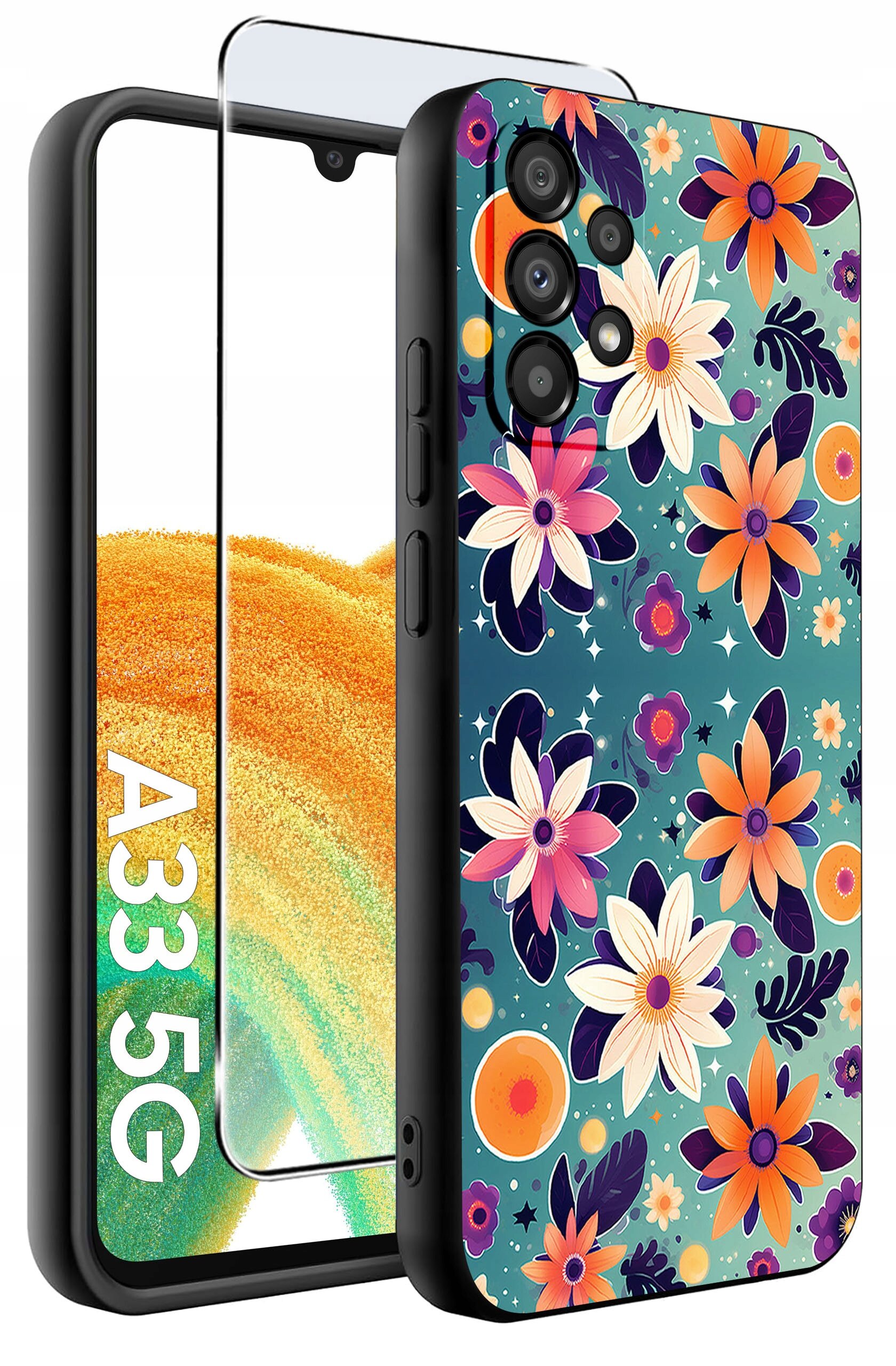 Etui do telefonu z kolorowym wzorem kwiatowym oraz szkło ochronne. Widoczny napis: A33 5G.